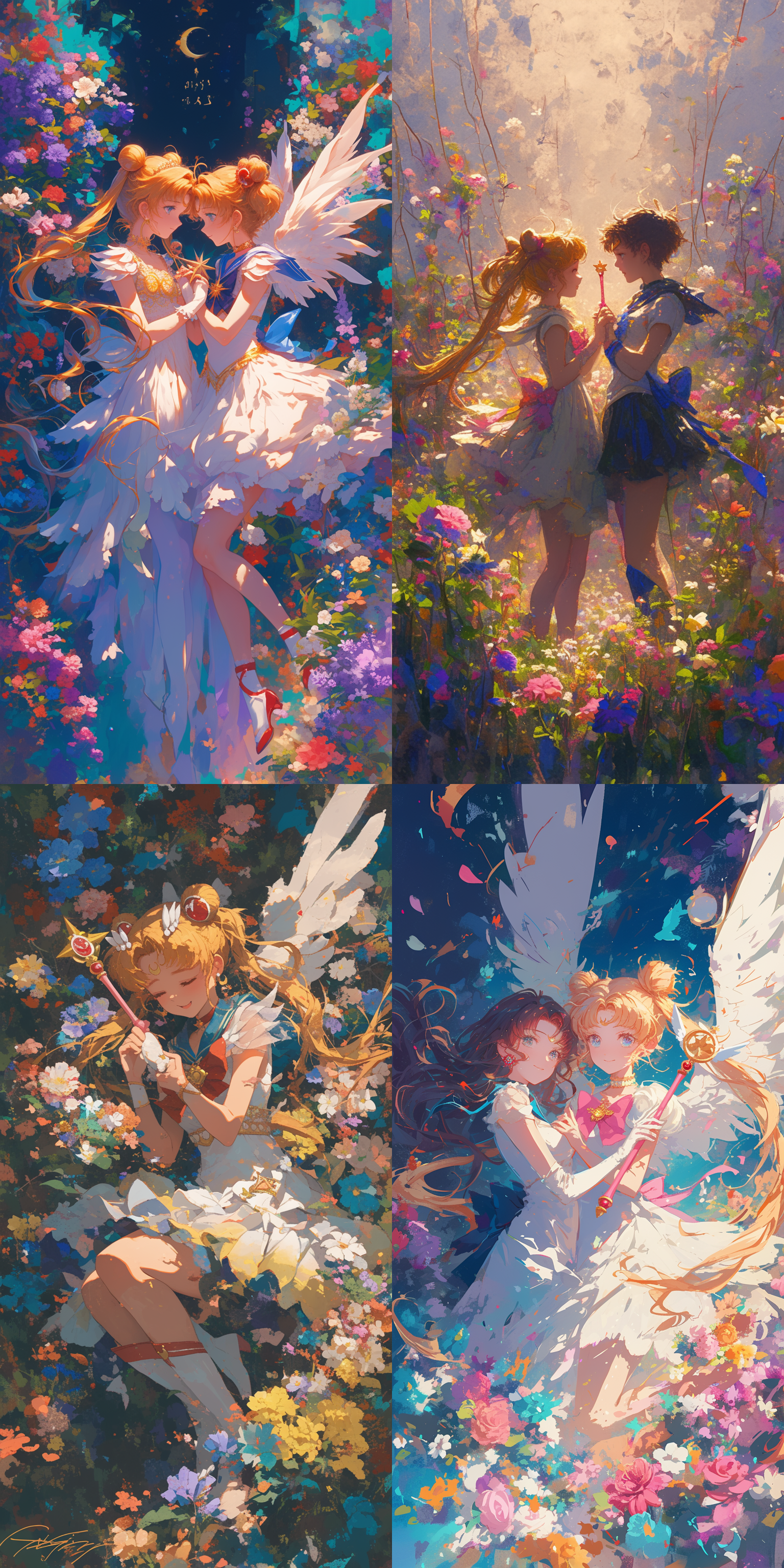 百变小樱与美少女战士月野兔并肩站在花团锦簇的花园中，微笑着，魔法棒与月光权杖在手，梦幻般的氛围，柔和的侧光，鲜艳的花朵作为背景，长焦镜头，浅景深，粉色调，魔法与友谊的主题，温馨和谐。