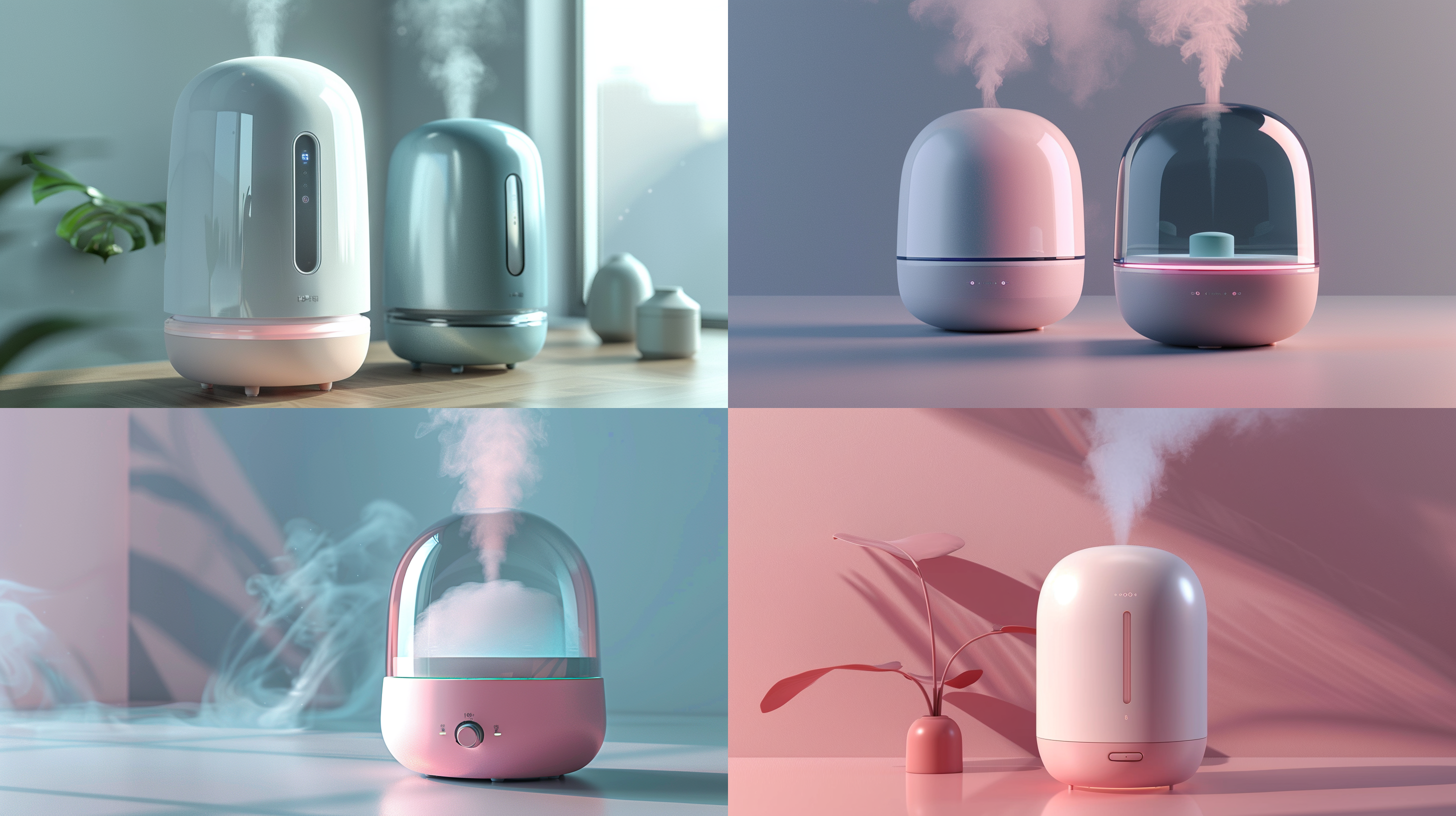product design, humidifier, simpleshape, transparent material with plasticmaterial, detailed texture, advanced colormatching, clean background, 3d renderingdepth of field, high-definition quality, 16k.