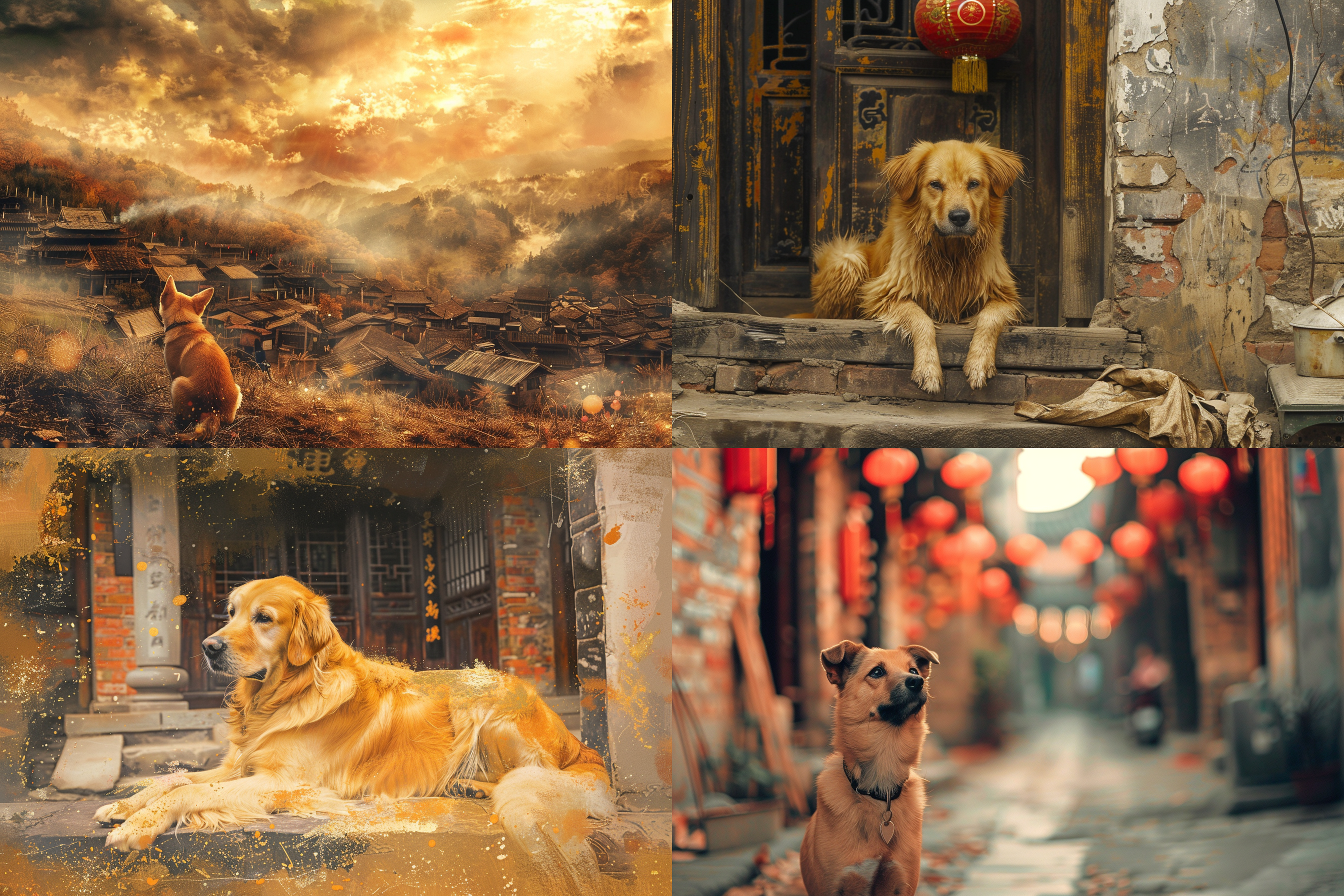 gold material chinese village dog，poster art style, artistic， highest picture quality, reality，sparkling