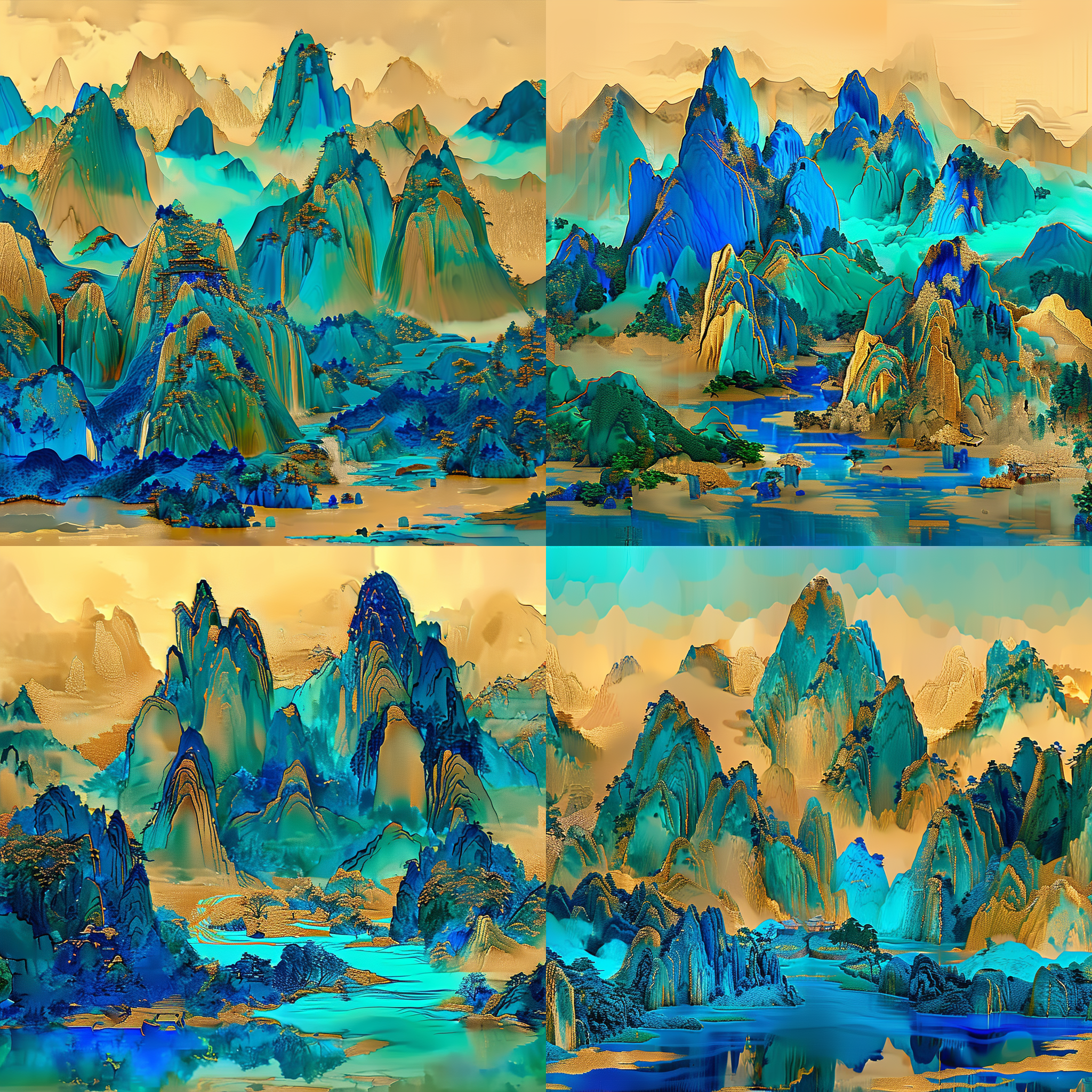 千里江山图，青绿蓝山水，山体连绵，金色山顶描边，山水画，国风，国潮插画，视觉艺术，只此青绿，国画山水，中国画，场景唯美，高饱和度，静谧氛围，山水相映，自然和谐，8k分辨率。