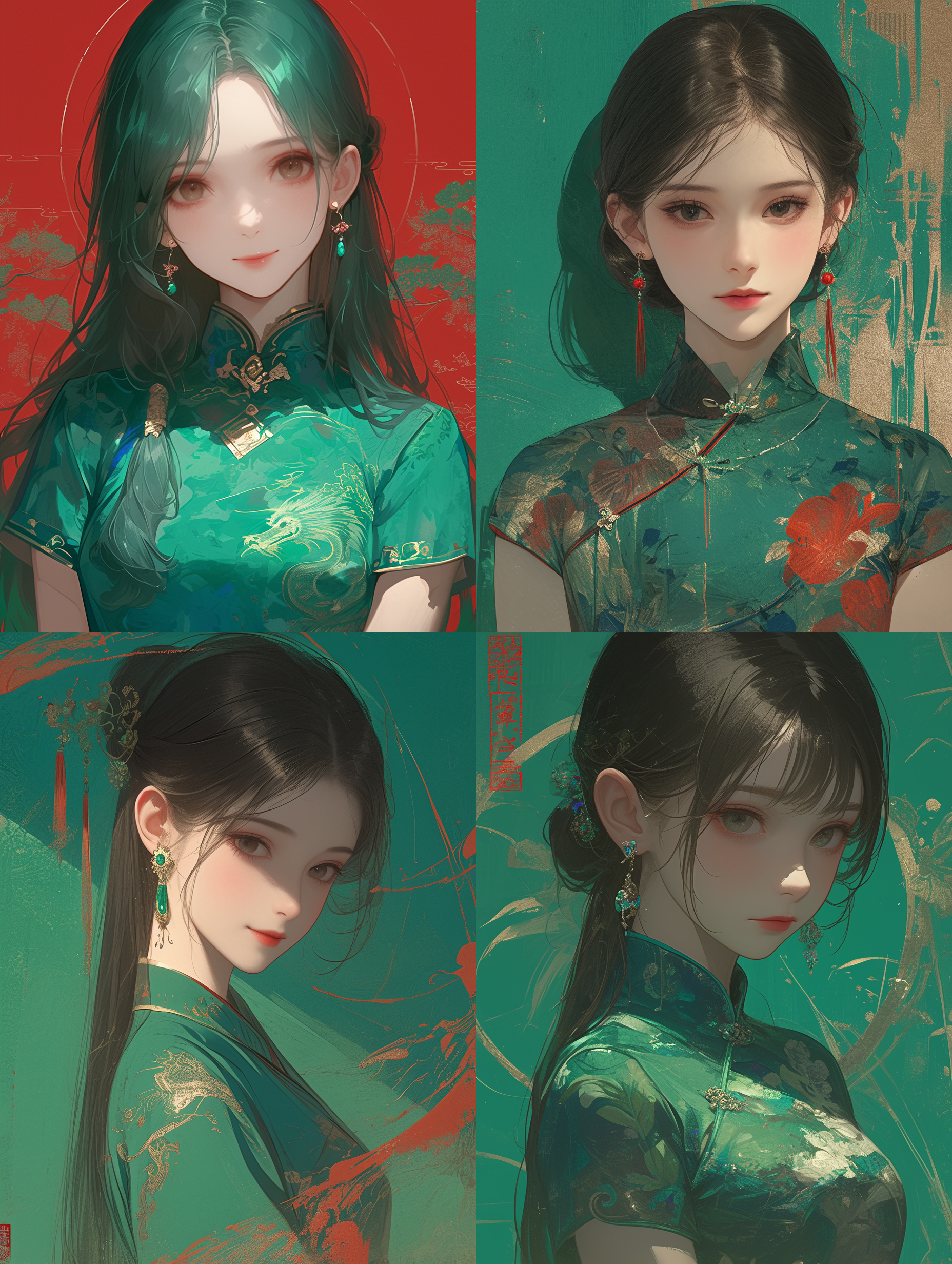 工笔画女孩，黑色长发，绿色汉服，珠宝纠结，圆脸，极简主义，几何形状，哑光浅绿背景，新流行插图风格，动画gif，dolly kei，卡通人物，特写头部，粗体卡通石版画，看镜头，细腻线条，柔和光线，静态美。