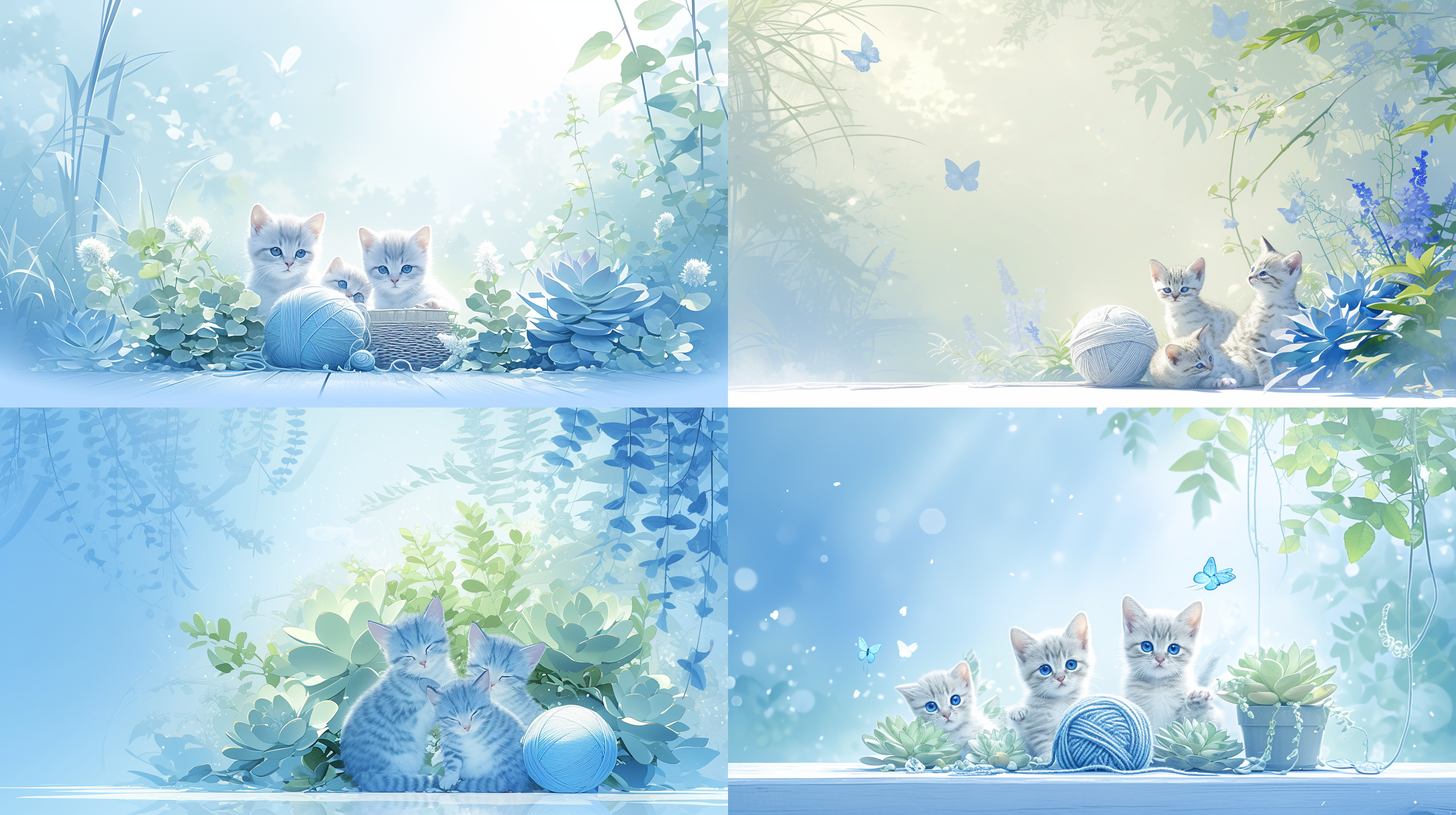 刚出生的三只小猫咪，在玩线球，猫咪的后面有多肉盆栽，呆萌，线条，清晰，整体干净简洁，不凌乱。线球放置在右下角，小猫咪们集中在中心位置，背景淡绿色，绿植，绿叶，明亮而柔和的光线照射在猫咪身上，突出它们的可爱和活泼。