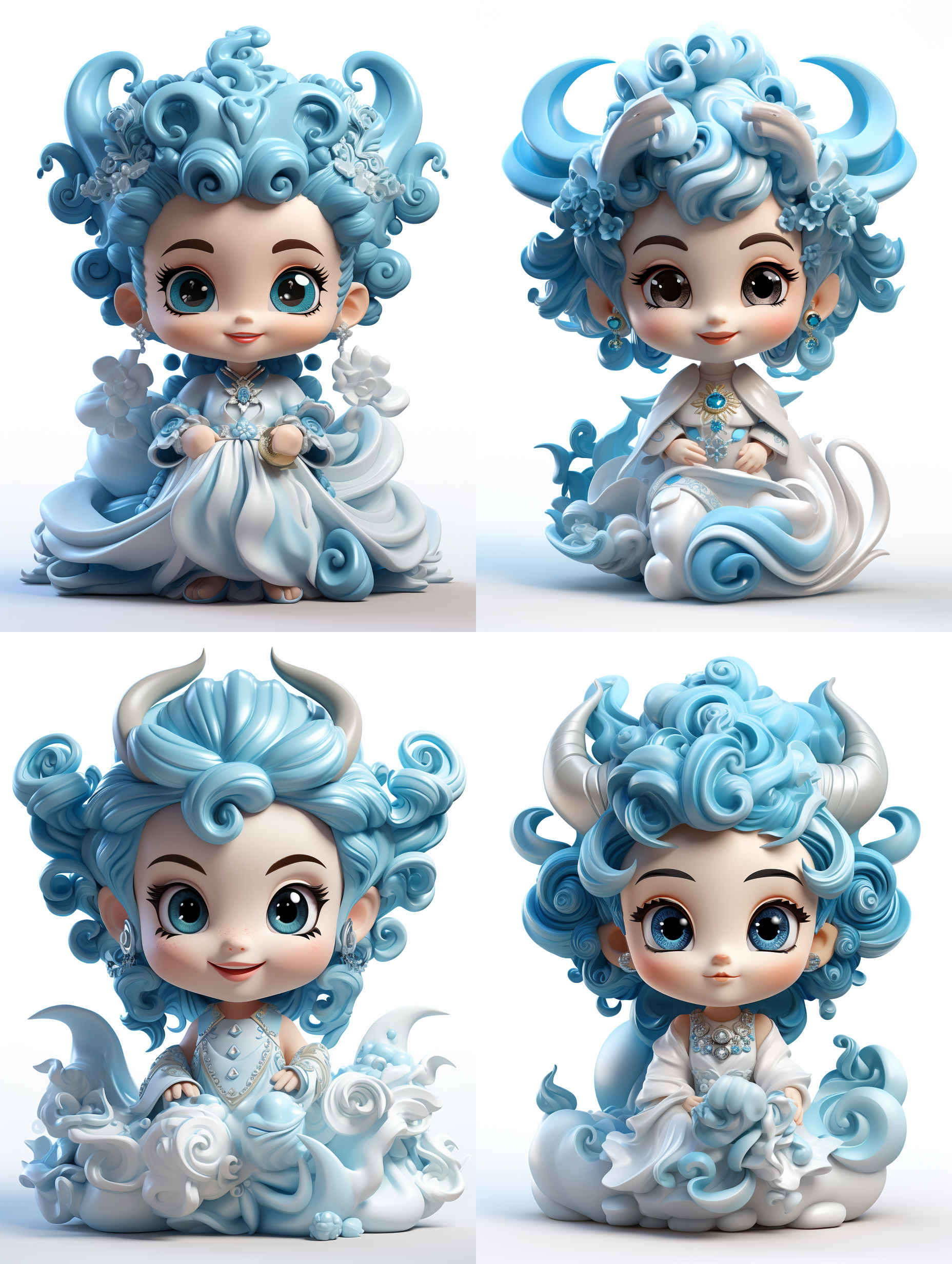 白色背景，3d盲盒，全身展示，头上长着龙角的可爱女孩，穿着飘逸的汉服，露出甜美的微笑，闪闪发亮的雪白头发，大而明亮的蓝色眼睛，中心视觉