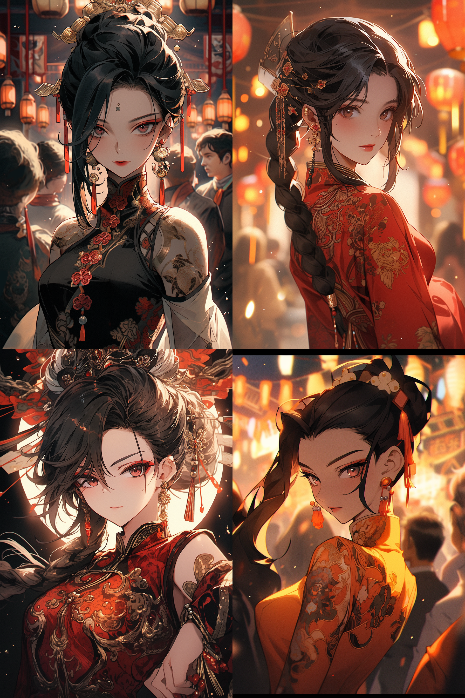 肖像，黑发麻花辫，淡漠眼神，动漫风格，折扇遮口，旗袍金色刺绣，长袖，华丽头饰，元宵节氛围，上半身正面，对视观众，微笑中带酷飒，高光细节，柔和侧光，饱和色彩，精致纹理，静态动作，神秘感。