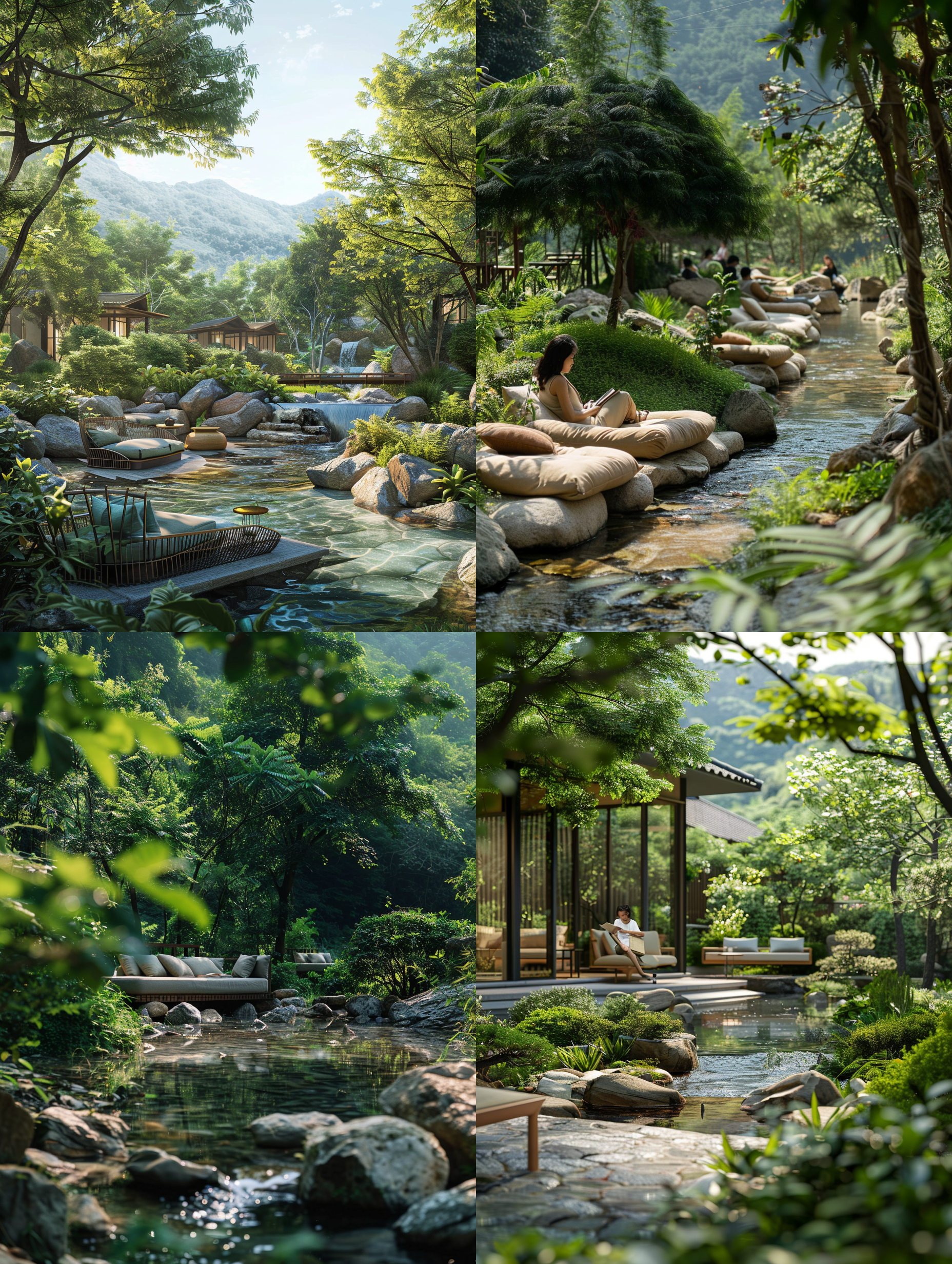 室外山林中绿化休息公园，自然光，柔和均匀，中焦镜头，静谧氛围，绿色植物环绕，清泉溪流元素，溪流边摆着软沙发，东亚的阅读者静坐阅读，放松表情，低饱和度色彩，温暖治愈。