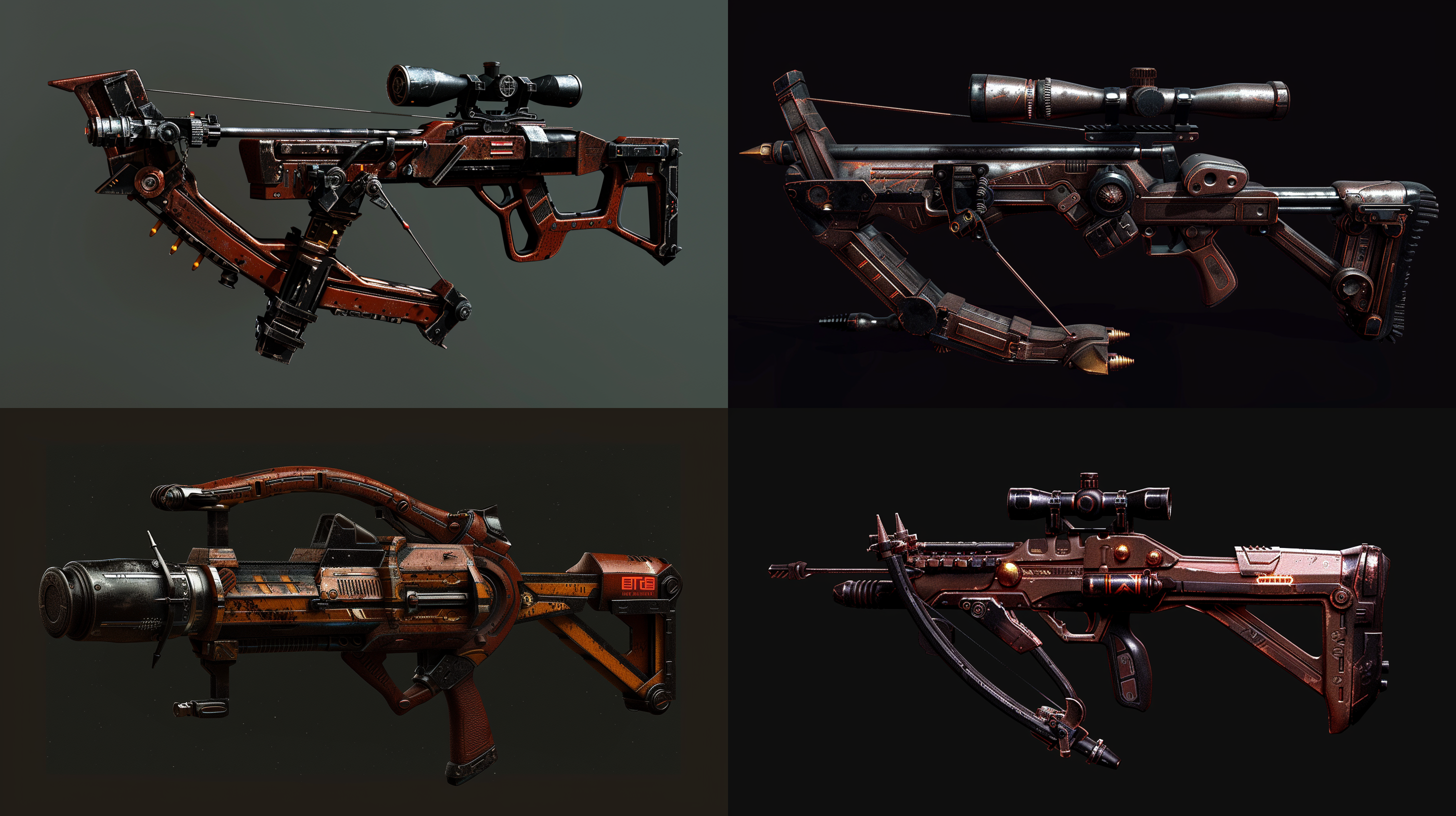 科幻十字弩，侧面图，3dsmax，纯色背景，平视视图