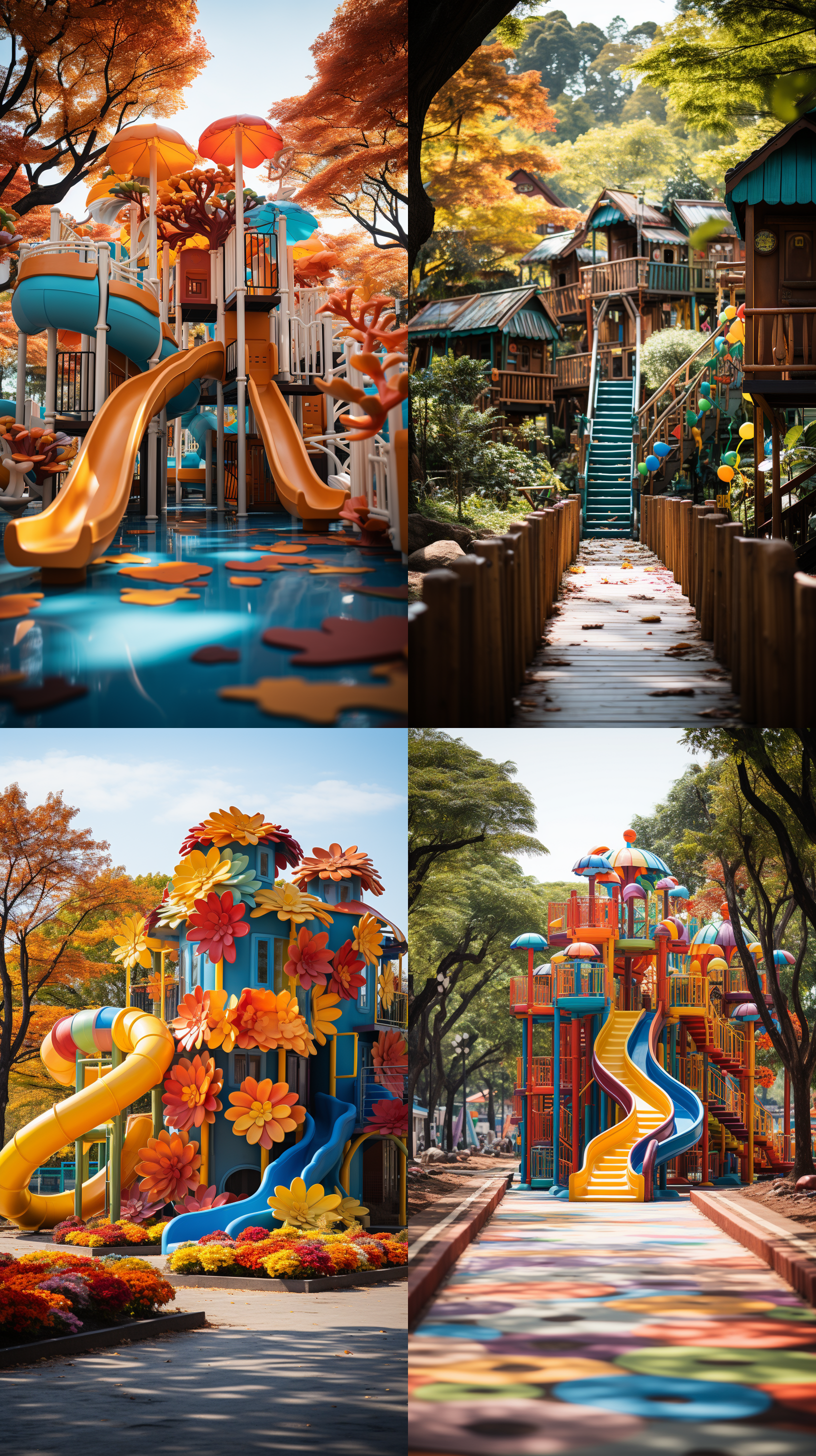 儿童游乐场亲子互动，色彩鲜明，欢声笑语，儿童游乐设施丰富，绿化环绕，小区洋房背景，自然光，长焦镜头，温馨氛围，亲子拥抱，和谐共处，快乐成长。