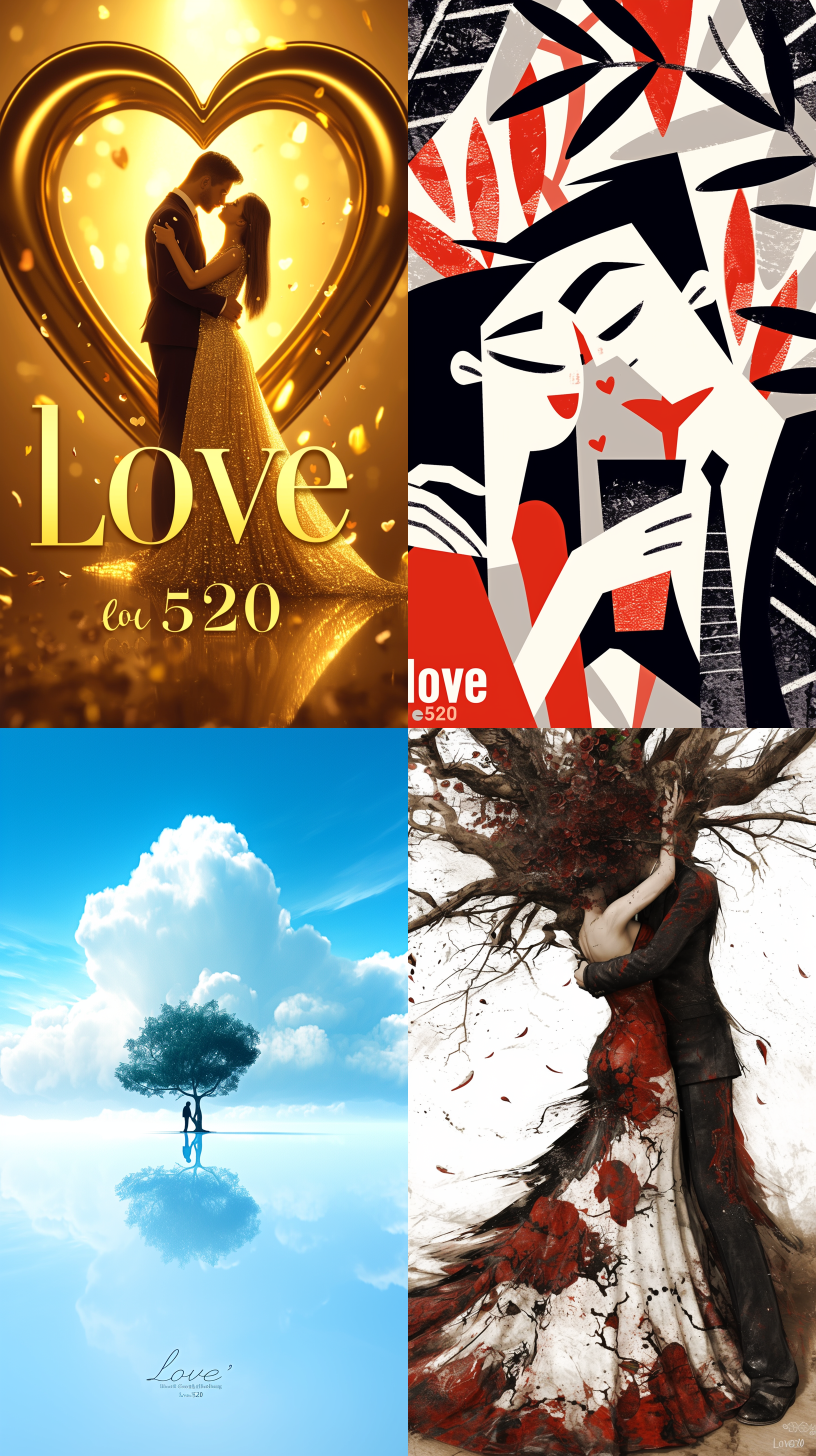 情人节海报设计，一对情侣，手牵手，拥抱，亲吻，玫瑰桃心环绕，浪漫，恩爱，梦幻，海报下个位置排版艺术字，并以短句写着：“love520”,梦幻心形树背景，梦幻引擎，数字渲染，3d,超现实主义，超逼真，细节狂魔，8k ，莱卡镜头，视频拍摄，超完美画质，超完美细节，清晰外观设计，