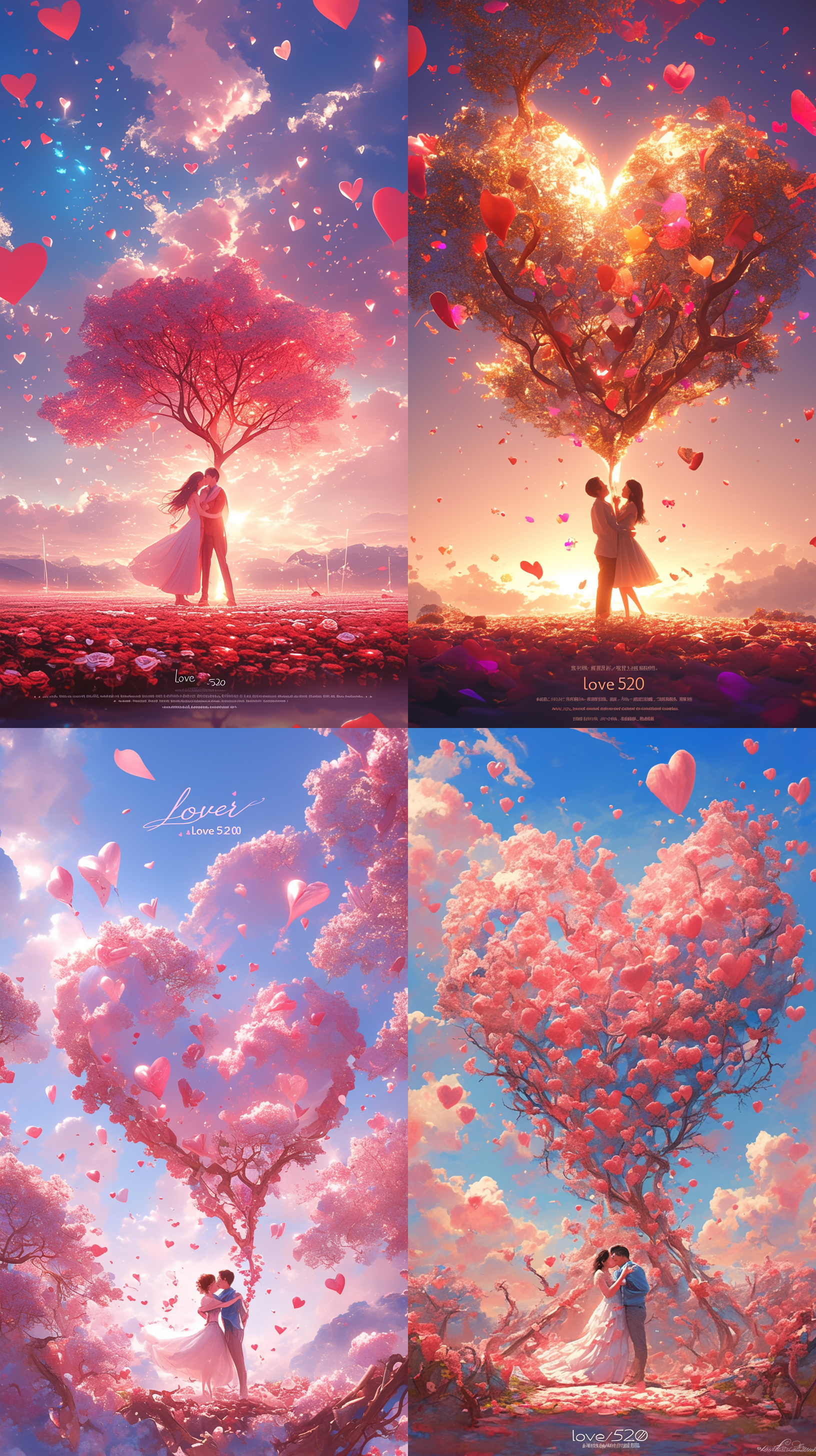 valentine's day poster design, a couple holding hands, hugging, kissing, surrounded by rose hearts, romantic, loving, dreamy, with artistic words arranged in the next position of the poster, and written in short sentences: "love520". the dreamy heart-shaped tree background, dreamy engine, digital rendering, 3d, super realism, super realism, crazy details, 8k, leica lens, video shooting, super perfect picture quality, super perfect details, clear appearance design