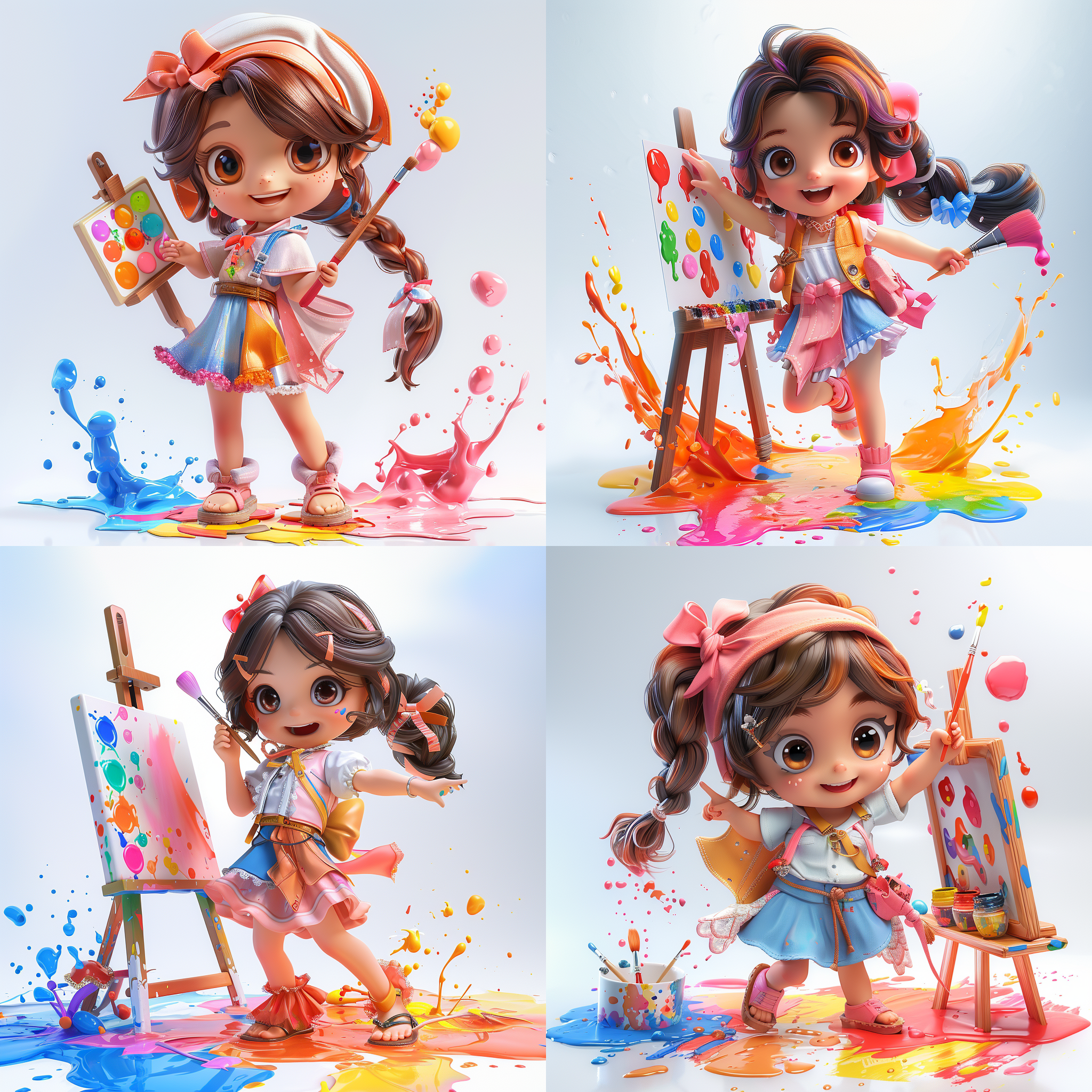 白色背景，泡泡玛特风格，ip，潮玩，模型，穿着夏天的衣服，粉色凉鞋，粉色蓝色搭配的中长裙，画架前画画的小女孩，3d，开心的大笑，跳起来，单人，左手拿着调色盘，右手高举画笔，甩出三滴彩色颜料，脸上有两滴颜料，超可爱小女孩，全景，光泽材质，干净背景，最佳画质，c4d，blender，8k，16k，超清晰细节 模型摄影，正面构图，明亮色彩，细节丰富，数字艺术，灯光效果，