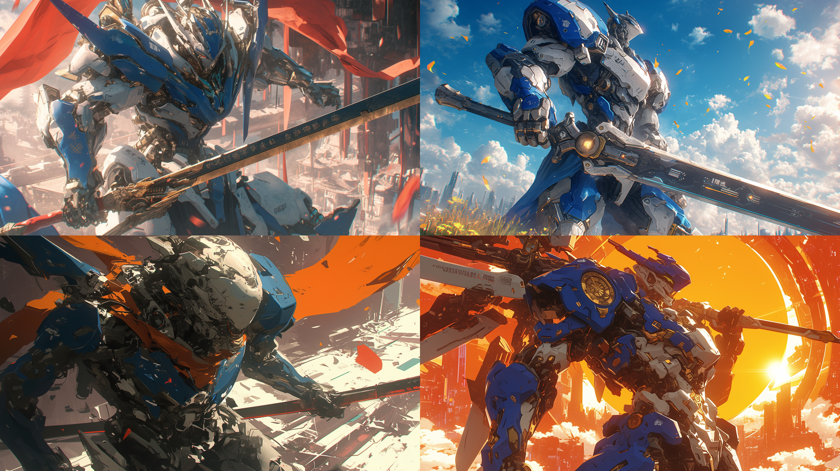 夕阳下中国风机甲，全身蓝白，手握巨剑半跪，巨剑插地，战损痕迹，胸部头部细节，机械感漫画风，半身逆光，金属质感动态模糊，橙红天空对比强烈，低角度，未来城市背景，高光细节，冷暖色调对比，光影交错，力量感战斗姿态，低角度，4k，丁达尔效应，oc渲染器。 未来城市 中式赛博