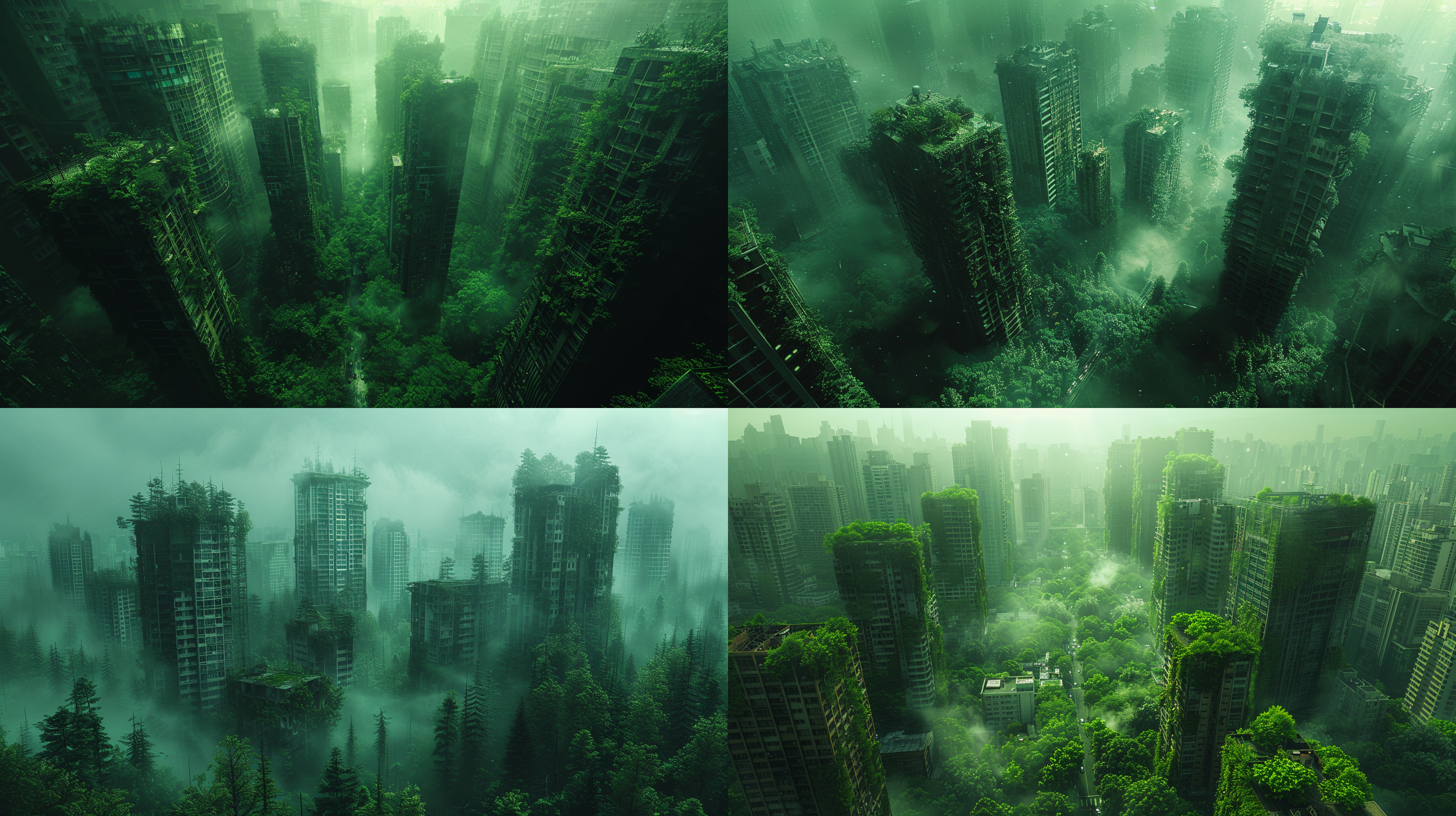 未来荒废城市，高楼青苔覆盖，街道参天大树，自然光影，电影质感，oc渲染器，超现实，细节丰富，冷色调，长曝光，静谧，荒凉，神秘，森林，广角镜头，逆光，低饱和，废墟美学，空旷，寂静，时间停滞。 森林 航拍视角 近未来城市 摄影纪实 丁达尔效应