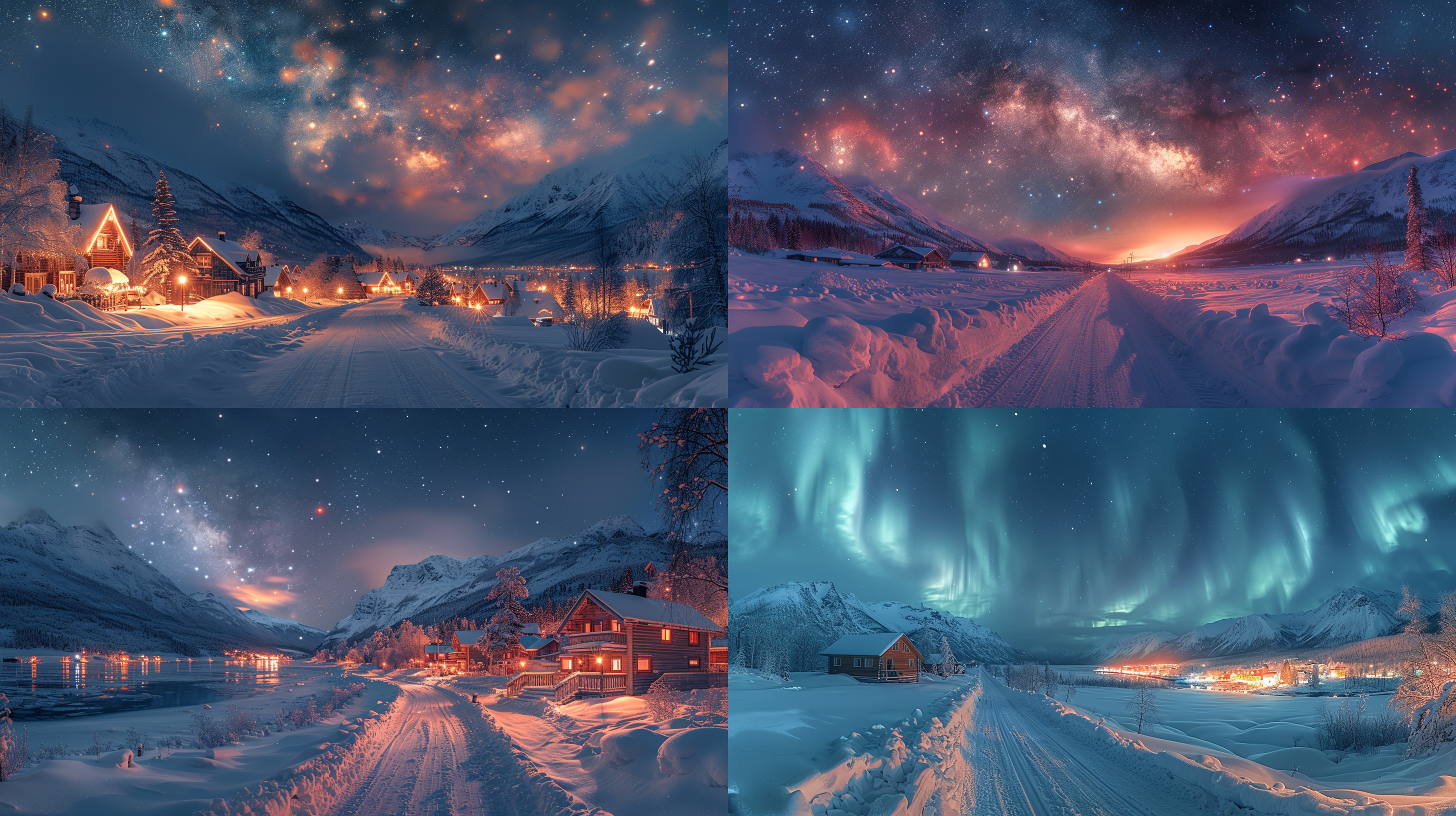 北半球冬夜极光，星空璀璨，广角镜头，长曝光，4k分辨率，冷暖对比，雪堆马路两侧，白雪覆盖房屋，雪挂树梢，远山白雪皑皑，神秘氛围，电影质感，静谧，梦幻，细节丰富，风景真实。 摄影纪实 天空 雪山 北极背景 银河 全景