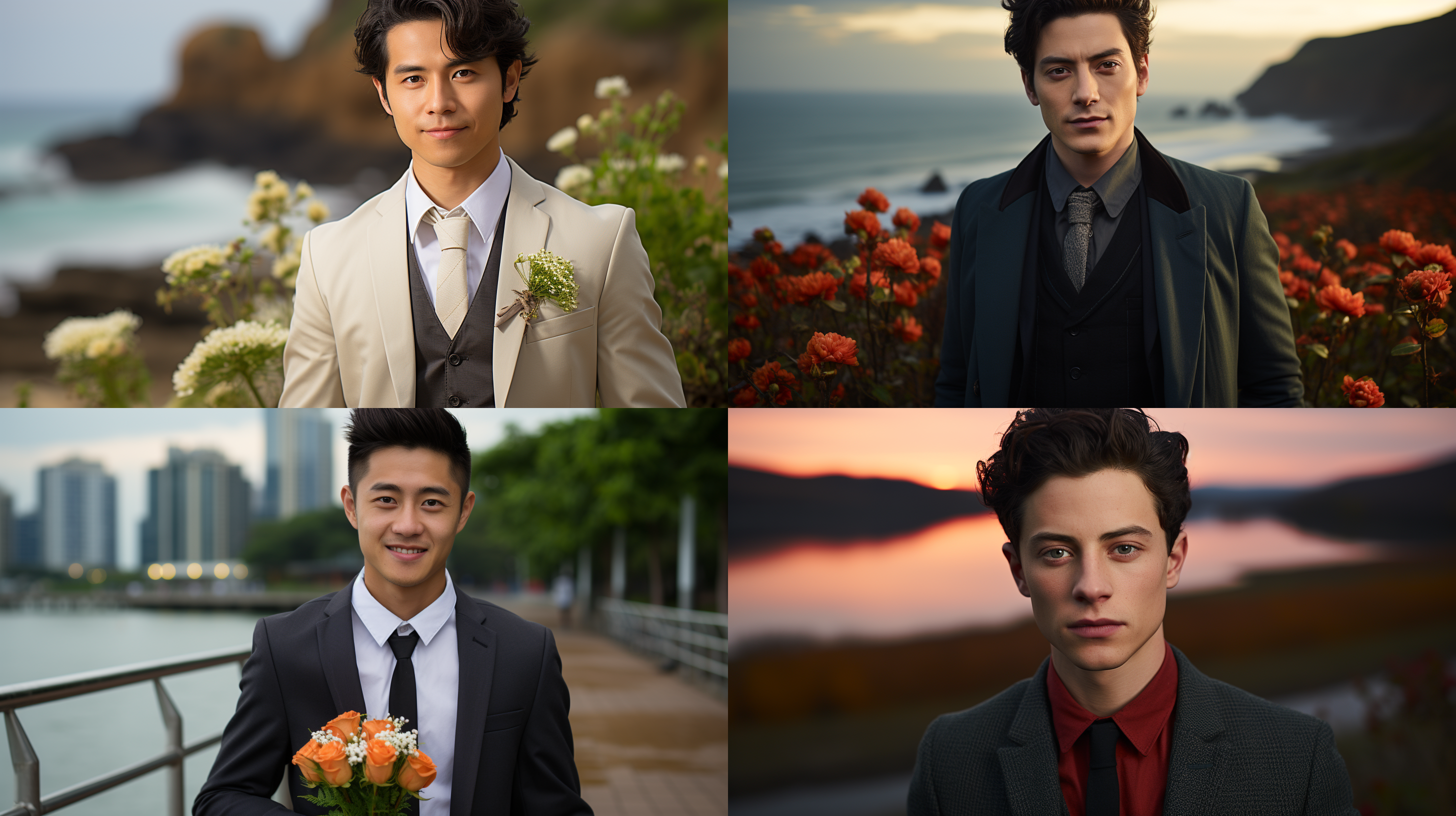 一位中国人18岁男人，穿着礼服，黑发，手拿玫瑰花，看着镜头，背景有大海