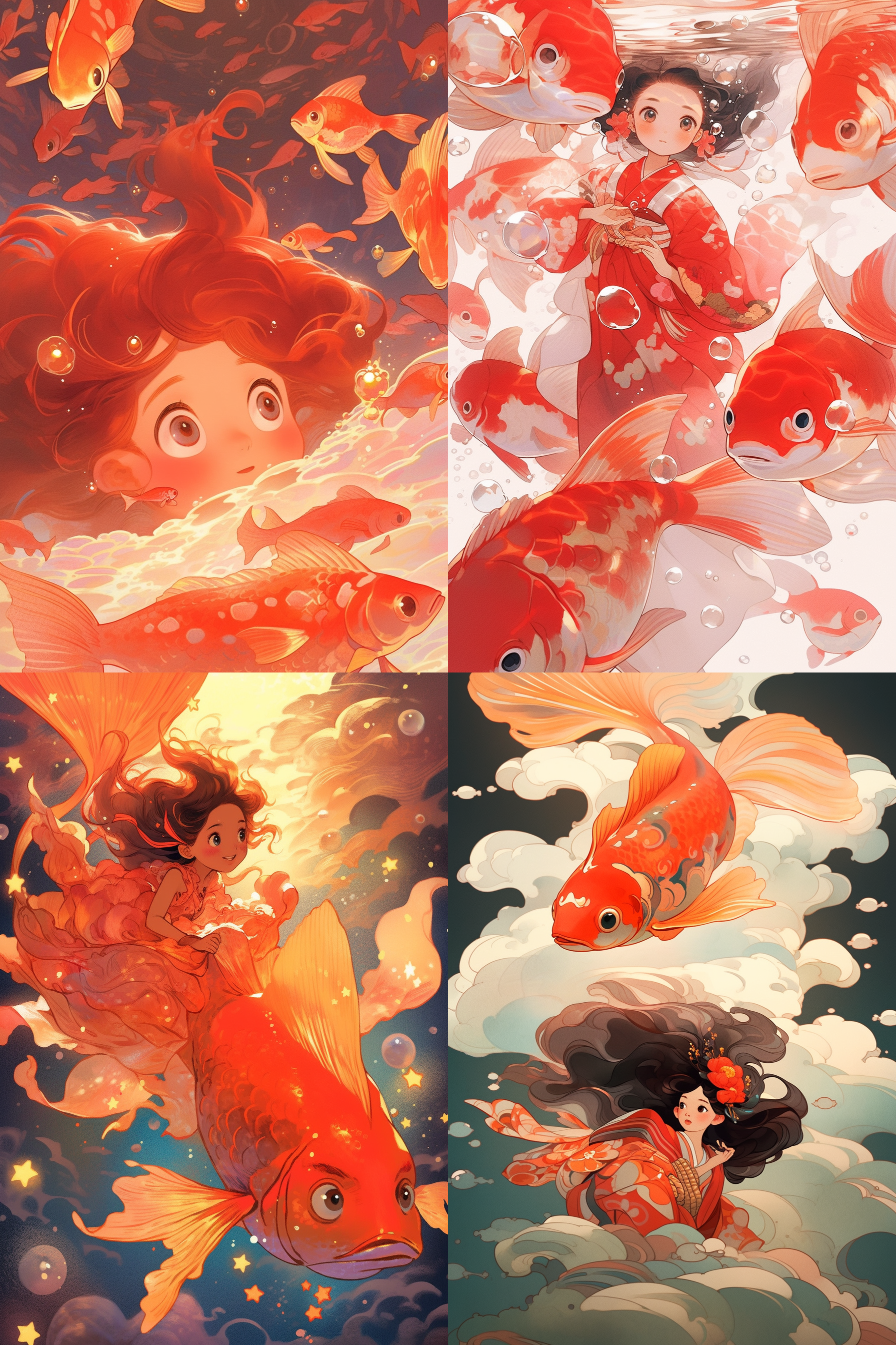 悬崖上的金鱼姬，波妞跃然纸上，粉颊娇俏，拱眉轻扬，眼含星光，身姿玲珑，线条流畅，日本漫画风，色彩鲜明，光影柔和，动态捕捉，表情生动，梦幻背景，细节精致，情感丰富。