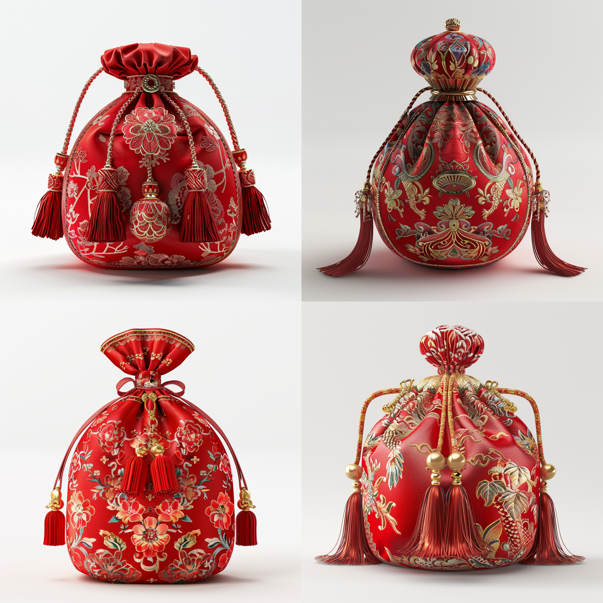 红色高端福袋，古代贵族用品，白色背景，正面视图，三分之一镜头，高饱和度，高分辨率，8k，细节清晰，c4d建模，oc渲染，快手和拼多多风格