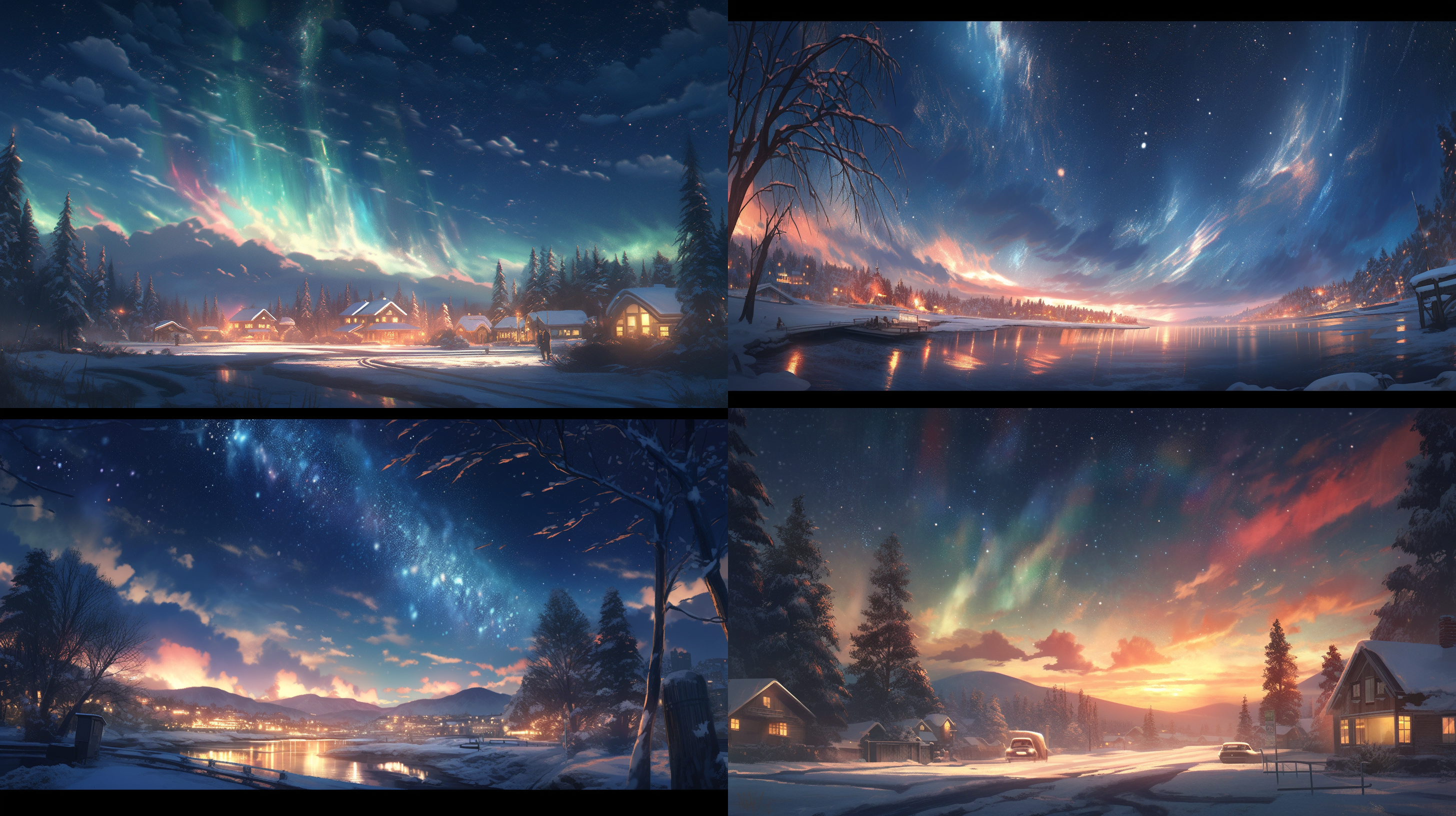 北半球冬夜极光，星空璀璨，星河漫天，绚丽星空，雪堆马路两侧，白雪覆盖房屋，雪挂树梢，远山白雪皑皑，神秘氛围，电影质感，4k分辨率，长曝光，广角镜头，冷暖对比，静谧，梦幻，细节丰富，逼真。 摄影纪实 虚幻引擎 雪山 银河 北极背景 全景 丁达尔效应