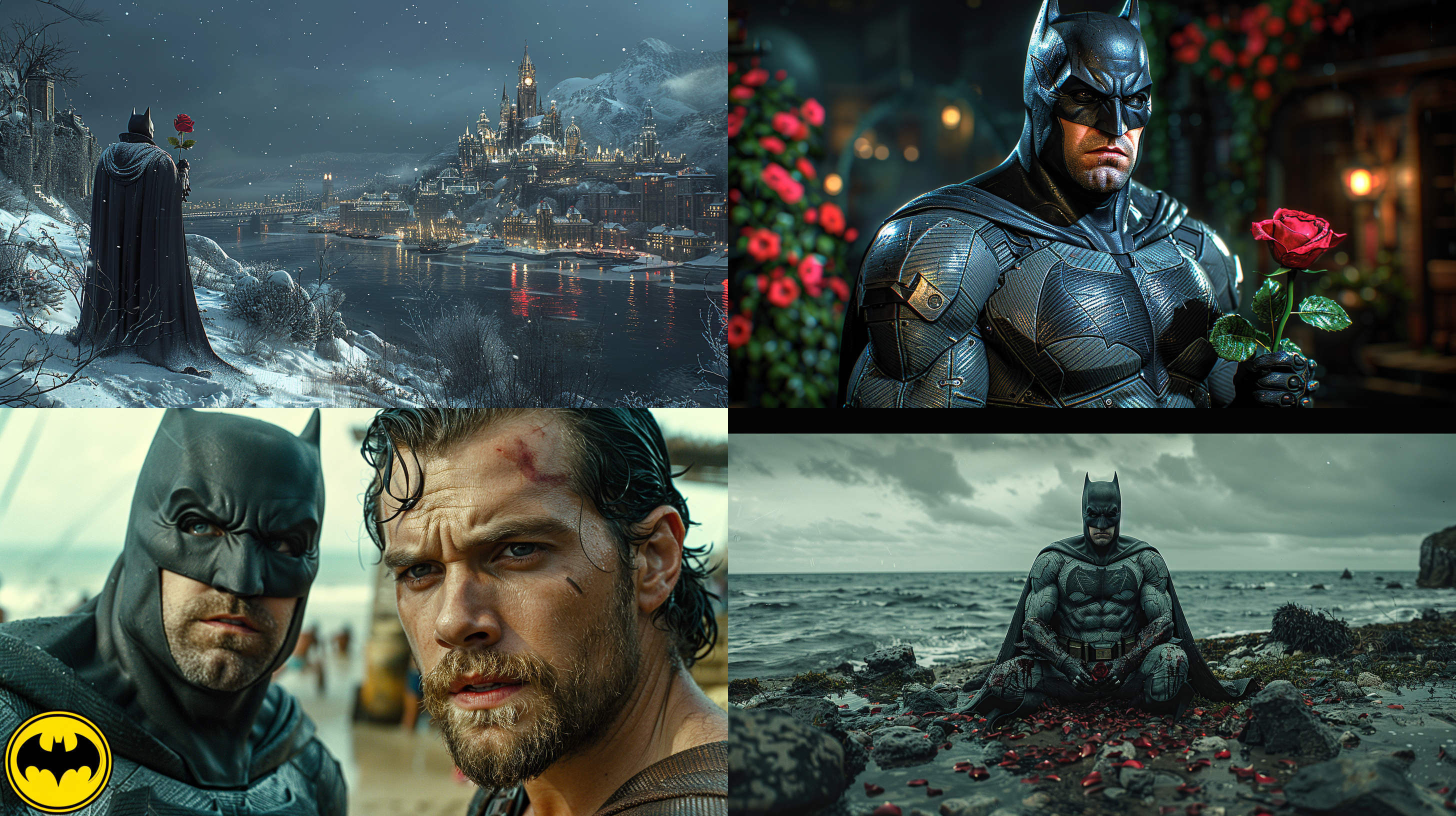 蝙蝠侠，手拿玫瑰花，看着镜头，背景有大海，全身照 海滩 正视 星空