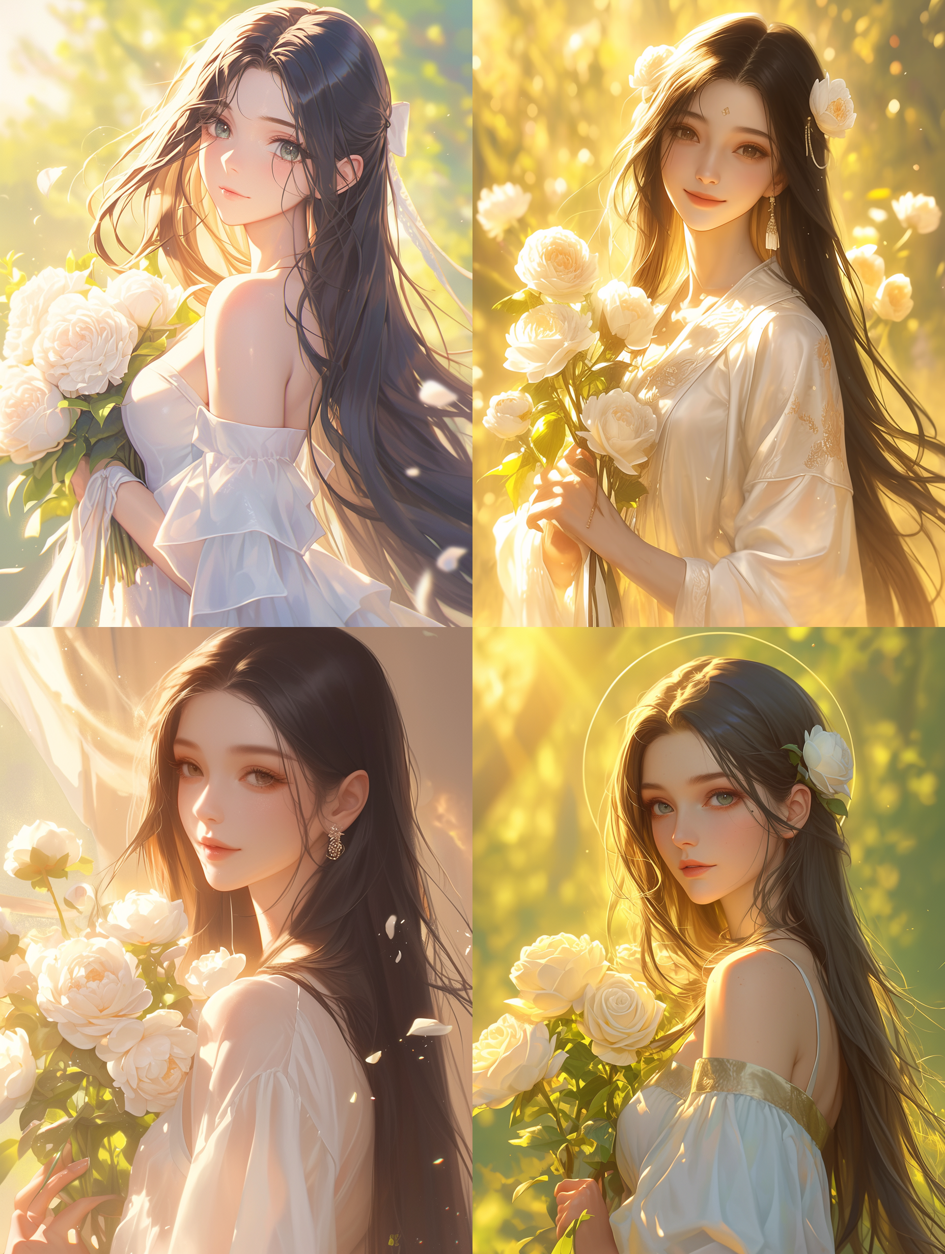白色长裙女子，黑长直发丝，阳光金黄光泽，白玫瑰花束，笑容温柔如白莲花，逆光拍摄，柔焦效果，自然光，浅景深，冷色调，气质优雅清冷，背景虚化，光晕效果，细腻肌肤，温柔眼神，静谧氛围。
