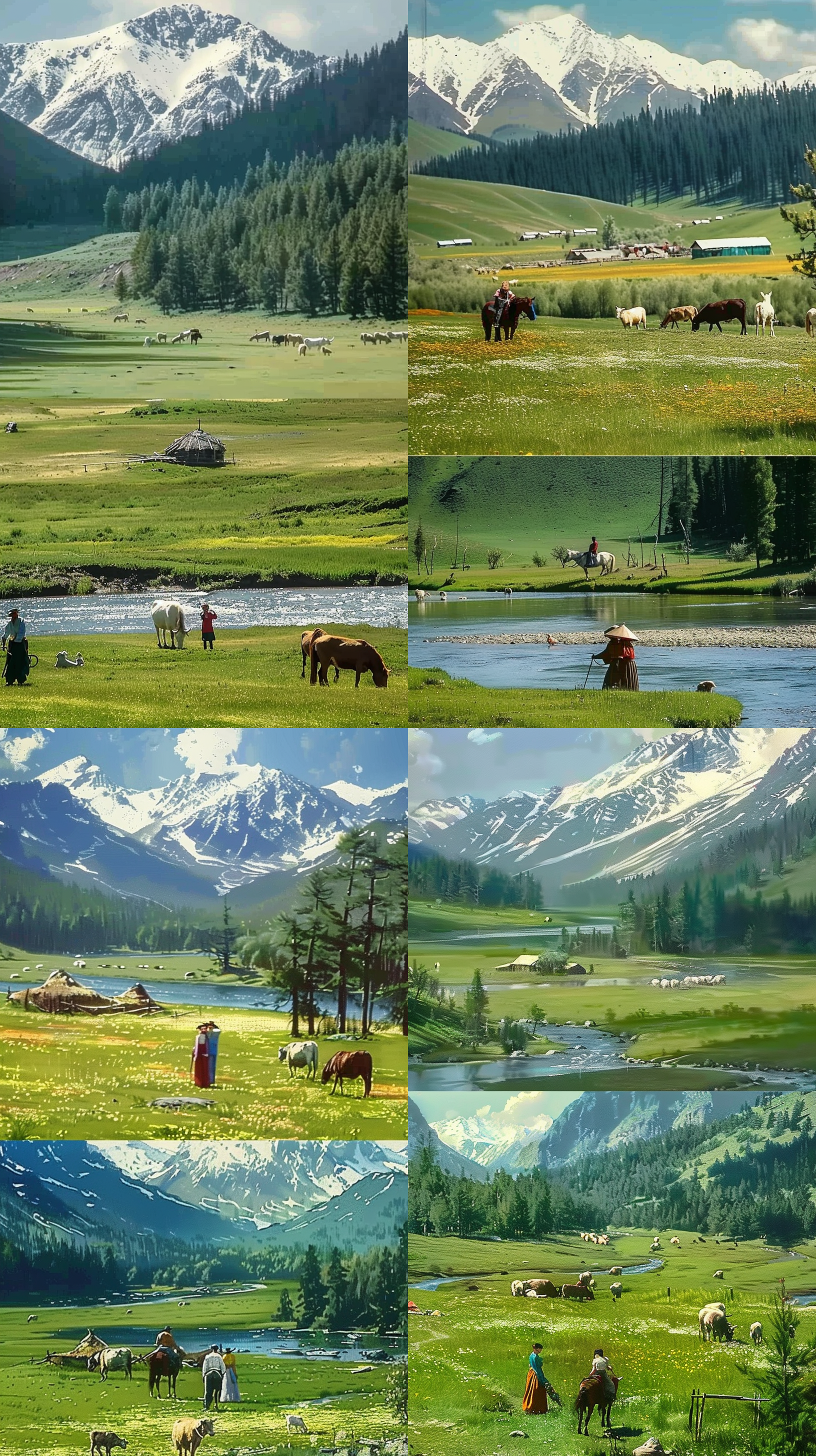 莫奈风格，新疆初夏草原风景，情侣，骑马，阳光，绿草地，雪山，松林，河流，牛羊，商店，鲜花，清新自然