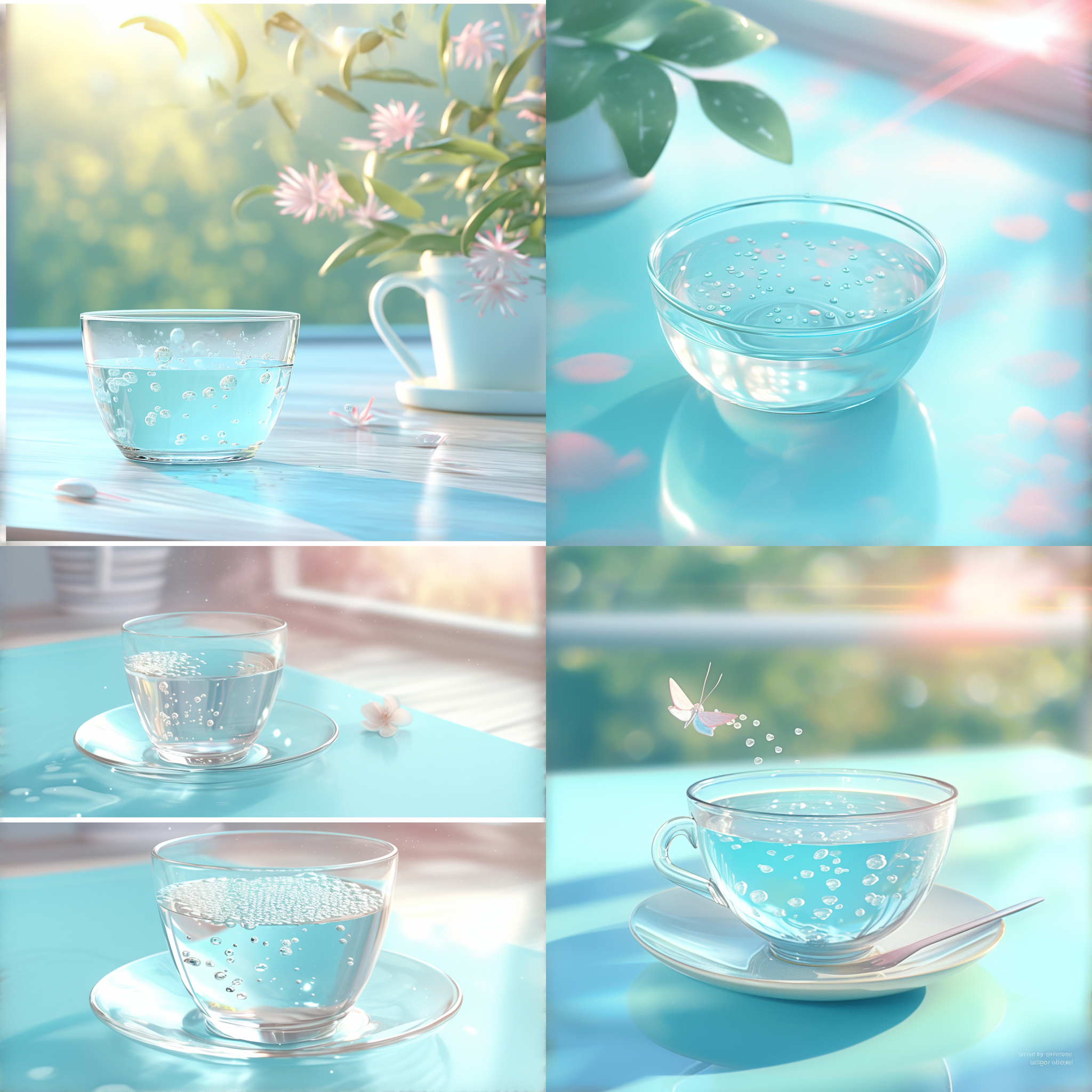 水杯外观，极简设计，透明玻璃材质，桌面静物，自然光，微距镜头，柔和阴影，清晰纹理，淡雅色彩，宁静氛围，细节丰富。