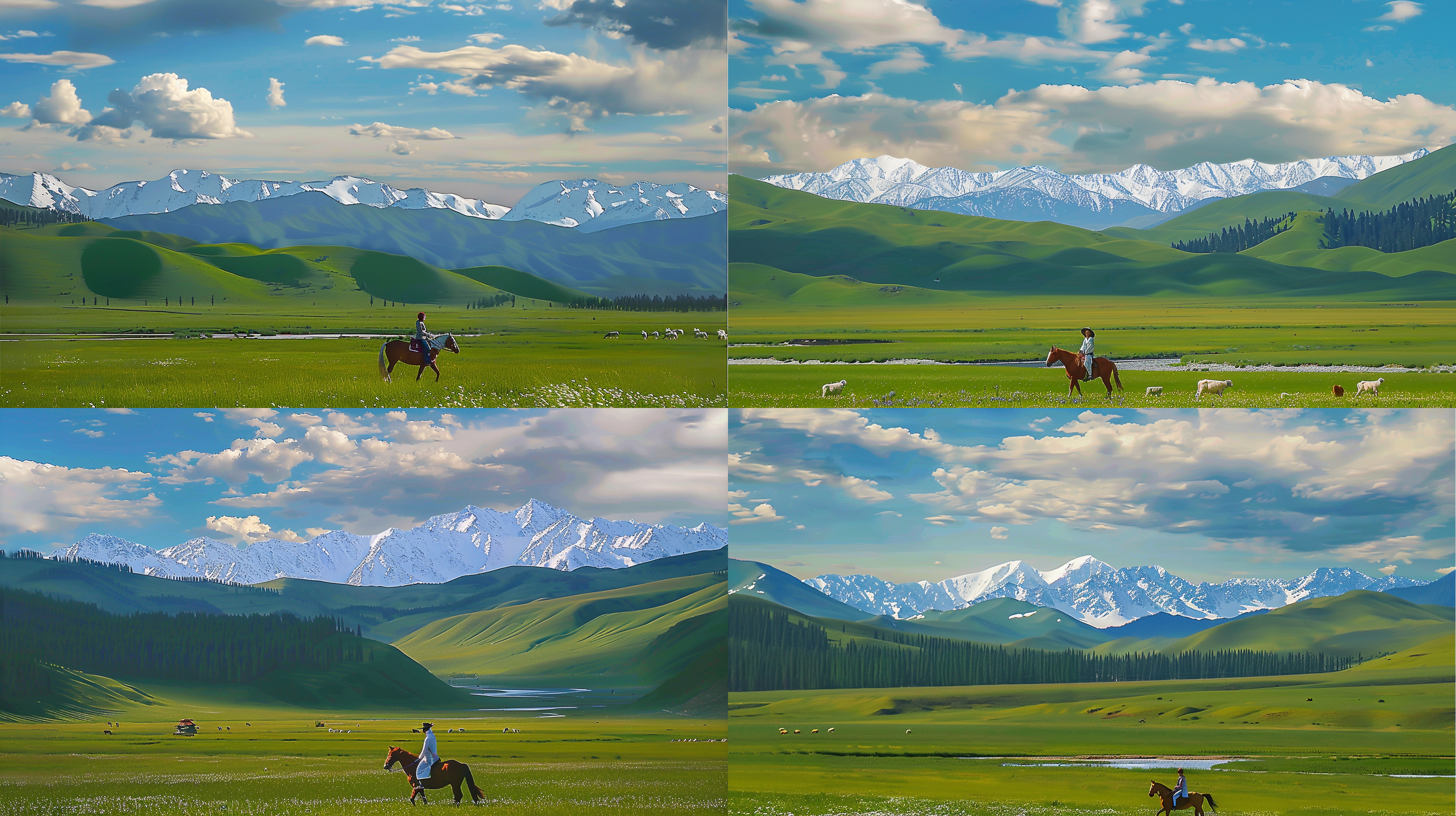 莫奈风格，新疆初夏草原风景，情侣，骑马，阳光，绿草地，雪山，松林，河流，牛羊，商店，鲜花，清新自然