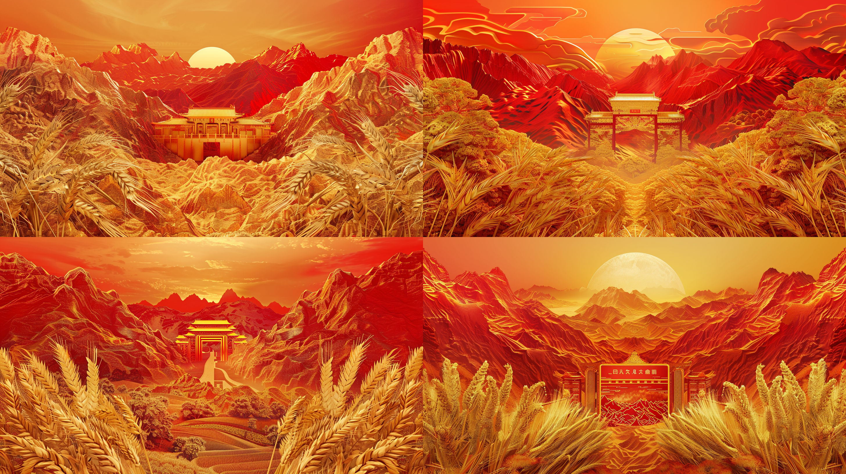 中国政府广告，对称构图，中央广告语醒目，抽象红色山脉背景，两侧优雅麦穗装饰，琥珀色光芒，色彩饱和，内容简洁，高光突出，阴影细腻，对比强烈，画面稳重，传达权威与和谐。
