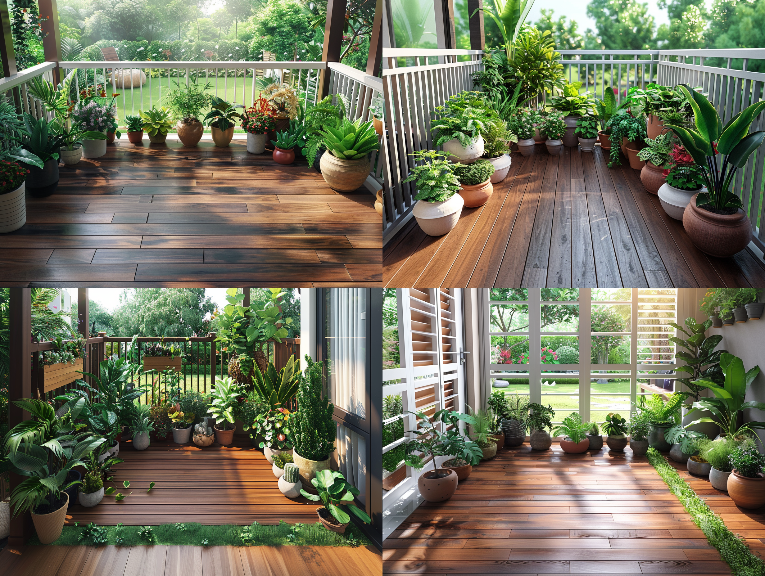 一个木质地板的阳台，上面摆满了各种盆栽植物。阳台的栏杆是白色的，水平排列，可以清晰地看到外面的绿色植被。植物包括蕨类、灌木和一些大叶绿植，给人一种热带风情的感觉。花盆主要是圆形的陶土制品，大小不一，以适应不同的植物。白色木质地板经过抛光处理，木板横向铺设在阳台上。阳台外面是一片明亮的绿色草地或草坪，与深色的木地板形成了鲜明的对比 粉彩色室内