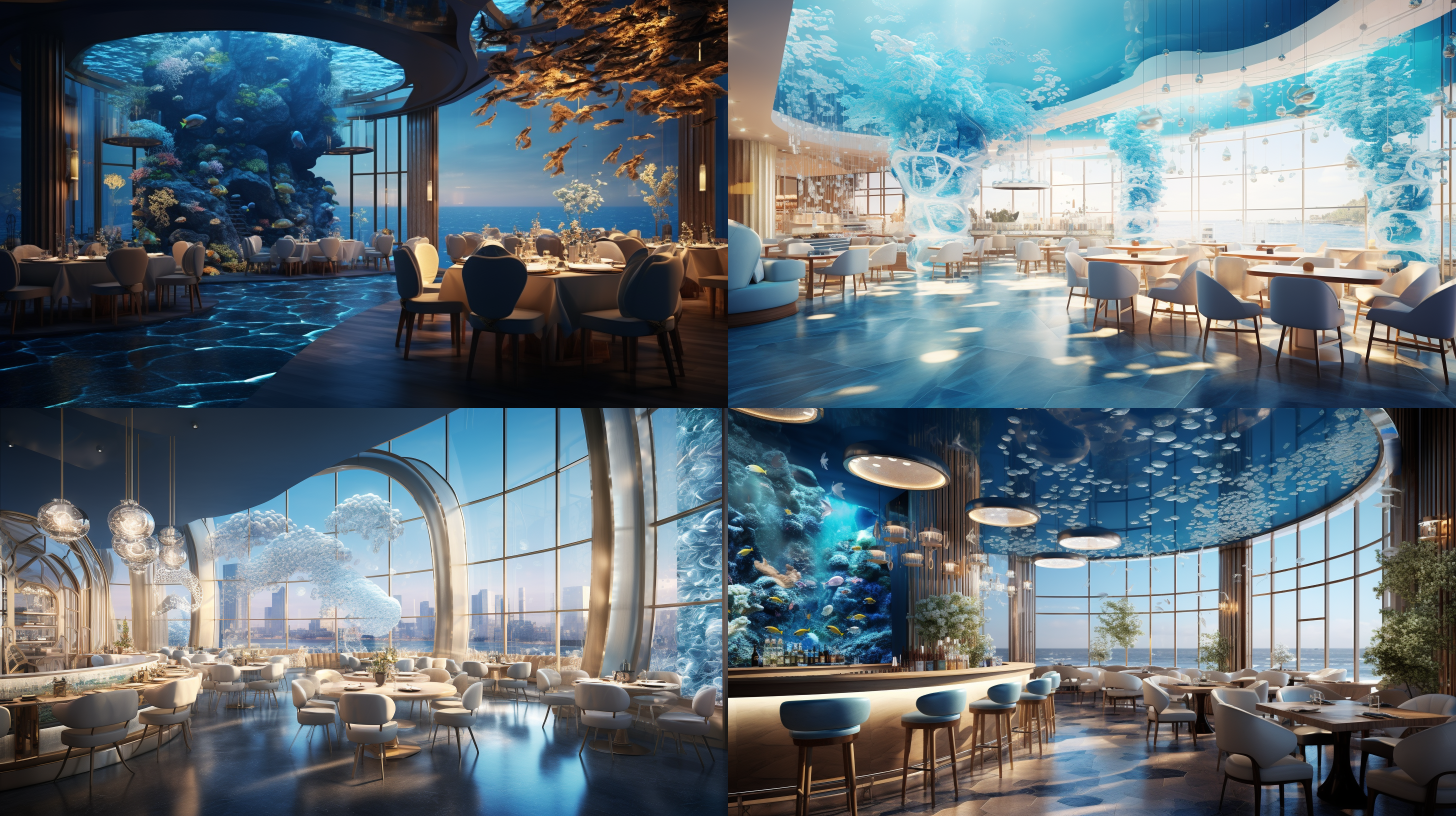 cute ocean restaurant, floor-to-ceiling windows, underwater view of the sea, large glass panels, watching various sea fish swimming, shell-shaped tables and chairs, starfish-shaped bar counter, starry sky ceiling, high detail, master design, clean render, best quality, 4k.