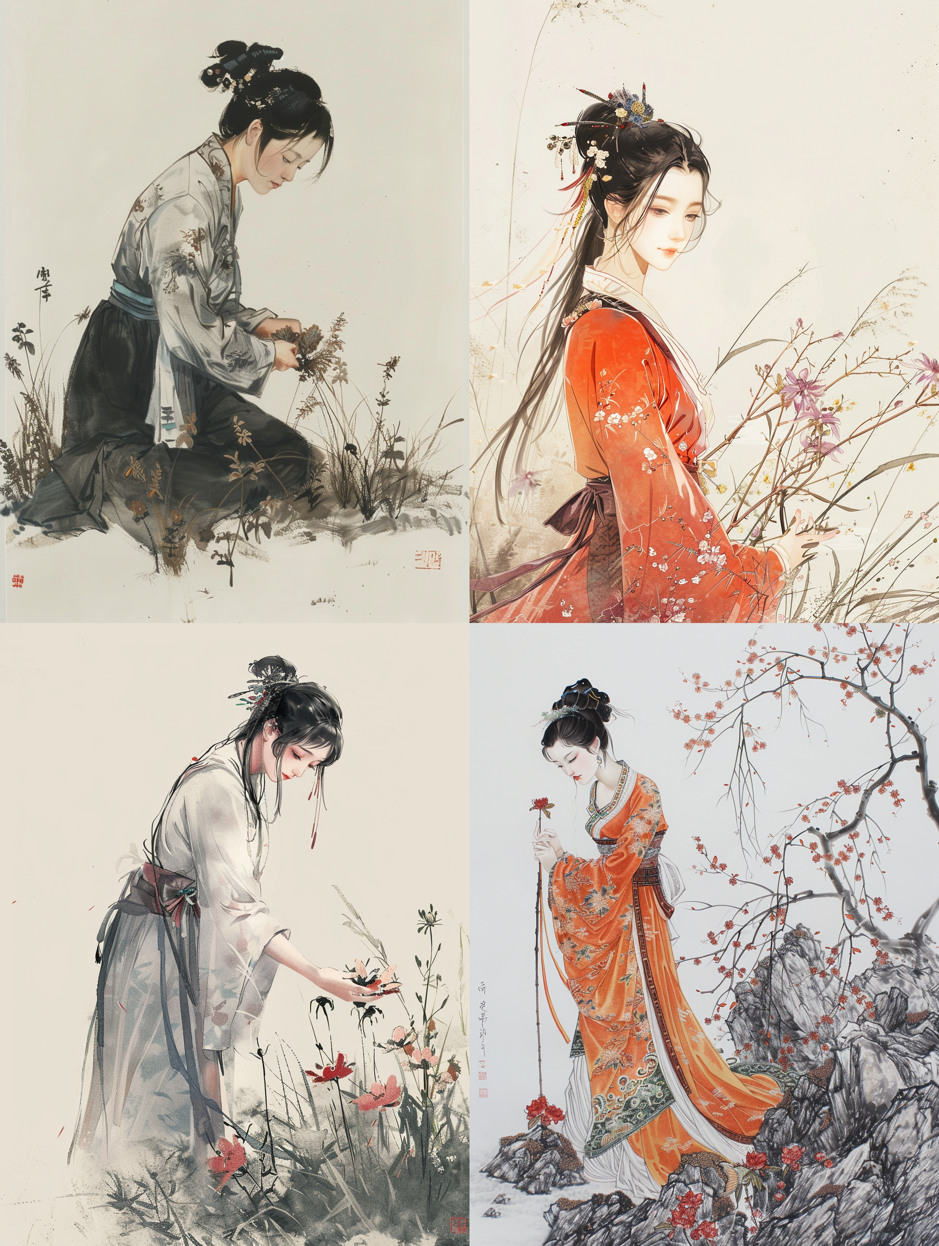 黛玉葬花，中国画风格，线条勾勒，娟本淡彩，高画质，优雅姿态，柔和表情，背景留白，细节丰富，静谧氛围，传统服饰，细致描绘，古典美。