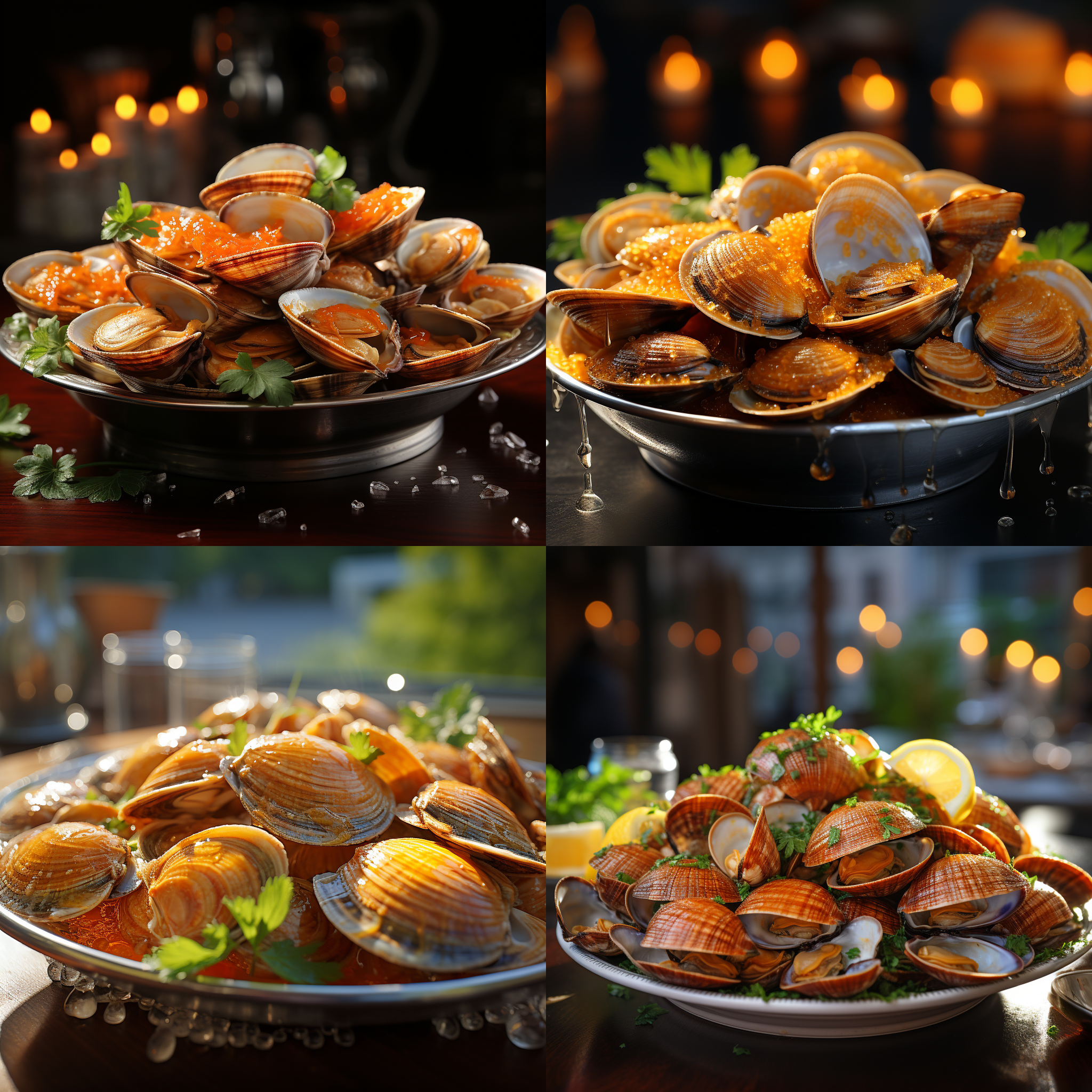 一盘爆汁花甲，色泽鲜艳，背面黑色，微距写真，线条锐化，线条流畅，顶光，超清8k分辨率，让人充满食欲，细节丰富，光影对比强烈，焦点清晰，背景虚化，色彩饱和，诱人食欲。