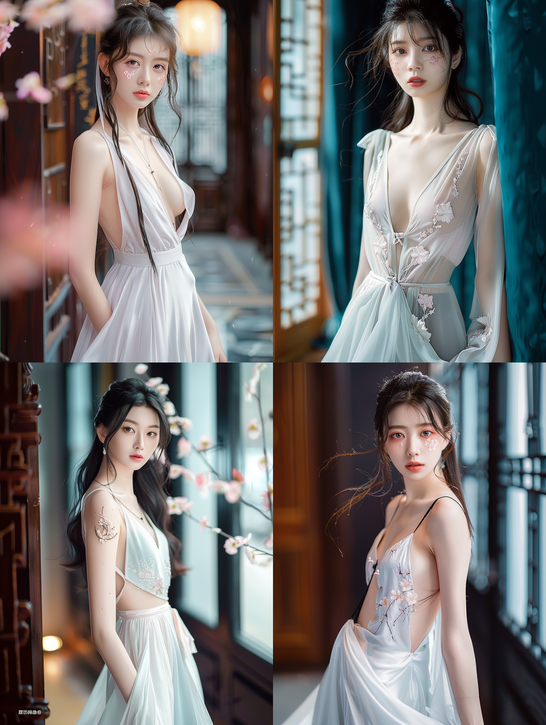 人物特征：五官精致，长发披肩。她的表情柔和，眼神含蓄，透露出古典美的温婉。服装：身着简约长衬衫，颜色选择柔和的淡粉色或青白色，以彰显其优雅的韵味。面料轻柔，细节处装饰有精美的刺绣。 彩绘细节：左脸颊上绘有几朵粉色桃花，彩绘风格艺术而细腻，颜色鲜明却不失柔和，与她的皮肤和汉服色调和谐一致。 摄影技术与参数设置： 光线比：使用自然光为主光源，通过侧窗进入，柔和且分布均匀。可以辅以反光板或低功率的人工灯光，以增强脸部彩绘的细节和深度。 镜头比：推荐使用85mm镜头，这种中长焦镜头非常适合拍摄人像，能够良好地把握焦距和背景虚化，突出主体。 相机像素：使用至少2400万像素的相机，确保图像清晰度高，能够捕捉到彩绘和服饰的精细纹理。 构图：选择全身拍摄。人物应略微侧向摄像机，以展示脸颊上的桃花彩绘。 后期处理： 色彩调整：增强彩绘的色彩饱和度和对比度，但保持整体色调的自然和谐。 细节优化：在保持自然肤质效果的同时，适度清晰化彩绘和衬衫刺绣，以突出细节。 通过这样的高阶绘画提示词和摄影设置，你将能创作出一幅既展示女性时尚之美，又融入现代艺术表达的摄影作品，这幅作品将是对传统与现代的完美结合的展现。