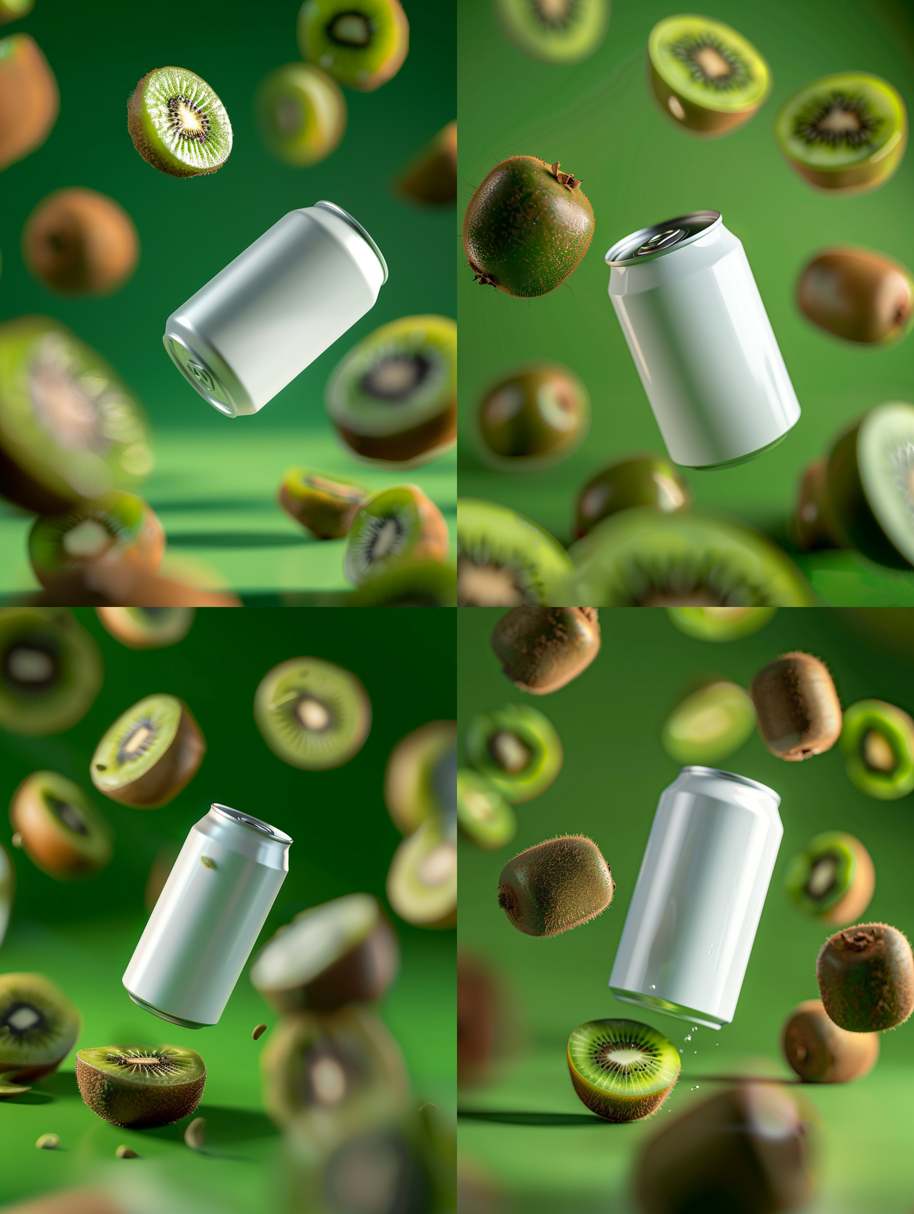 product photography, a white regular beverage can floating in the air with a solid background, slightly tilted upwards, facing the camera. sliced kiwifruit scattered in the air, everything hovers in an abstract and vibrant space, bright green, tropical atmosphere, bright contrast light, high-definition photography