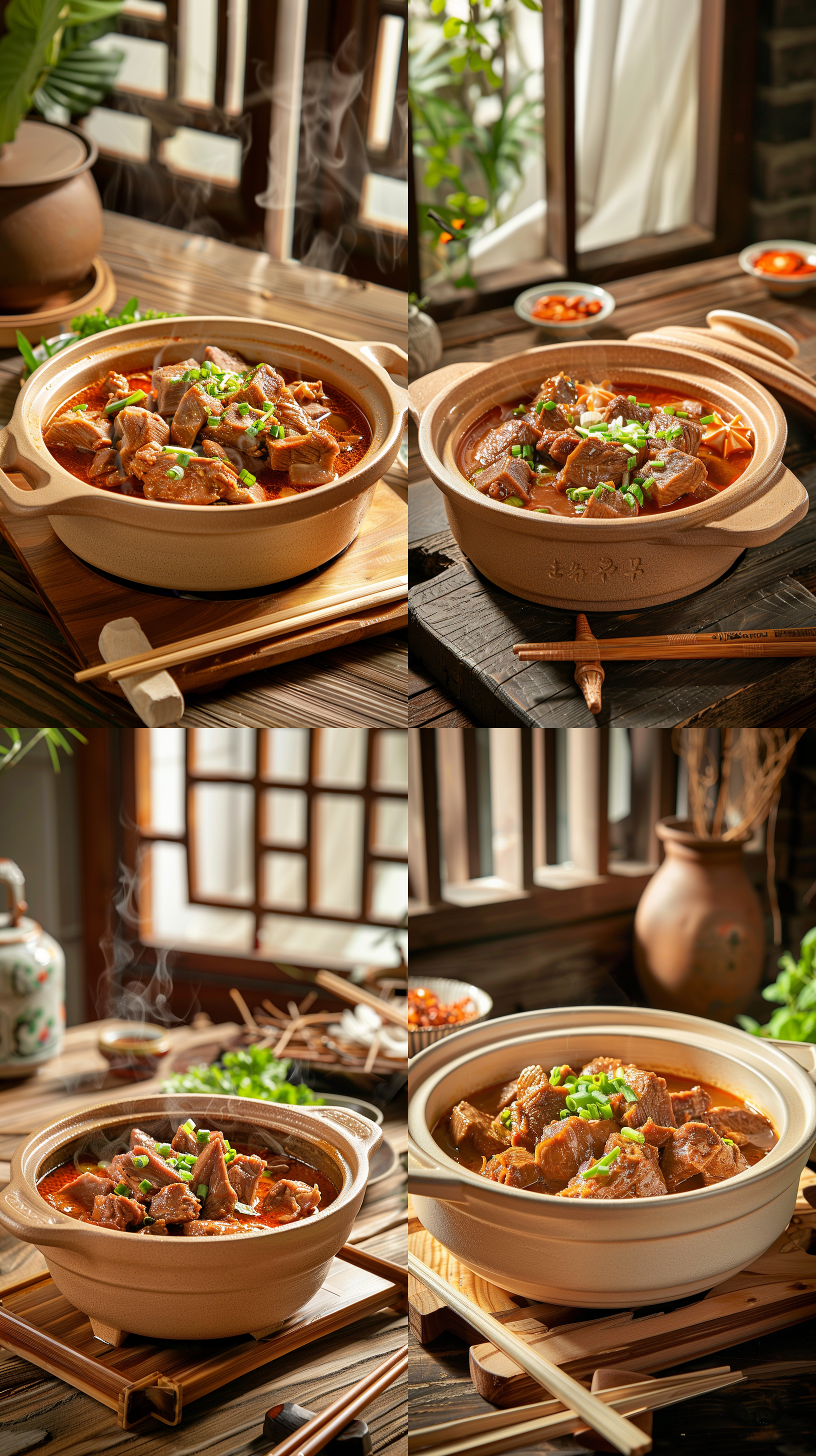 丰盛牛腩砂锅，浅色砂锅，木纹桌面，筷子摆放，浅景深，中式窗花窗帘背景，自然光，金色主调，简约构图，垂涎色彩，舒适温暖满意感。