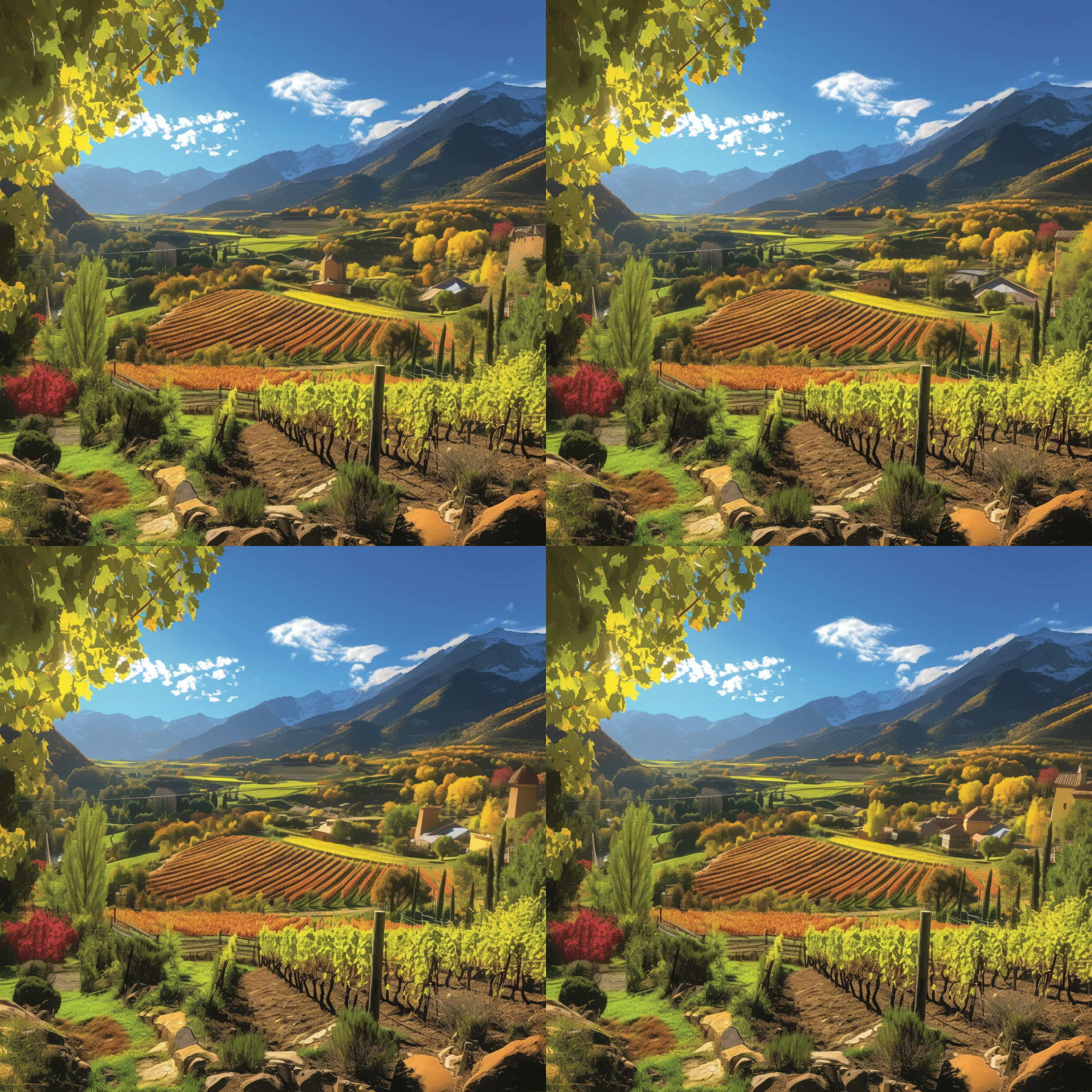 山区葡萄园，梯田式布局，自然风光，远山背景，广角镜头，侧逆光，低饱和度，宁静氛围，葡萄藤蔓，核桃树点缀，丰收季节，无河流，层次感强，和谐共生。