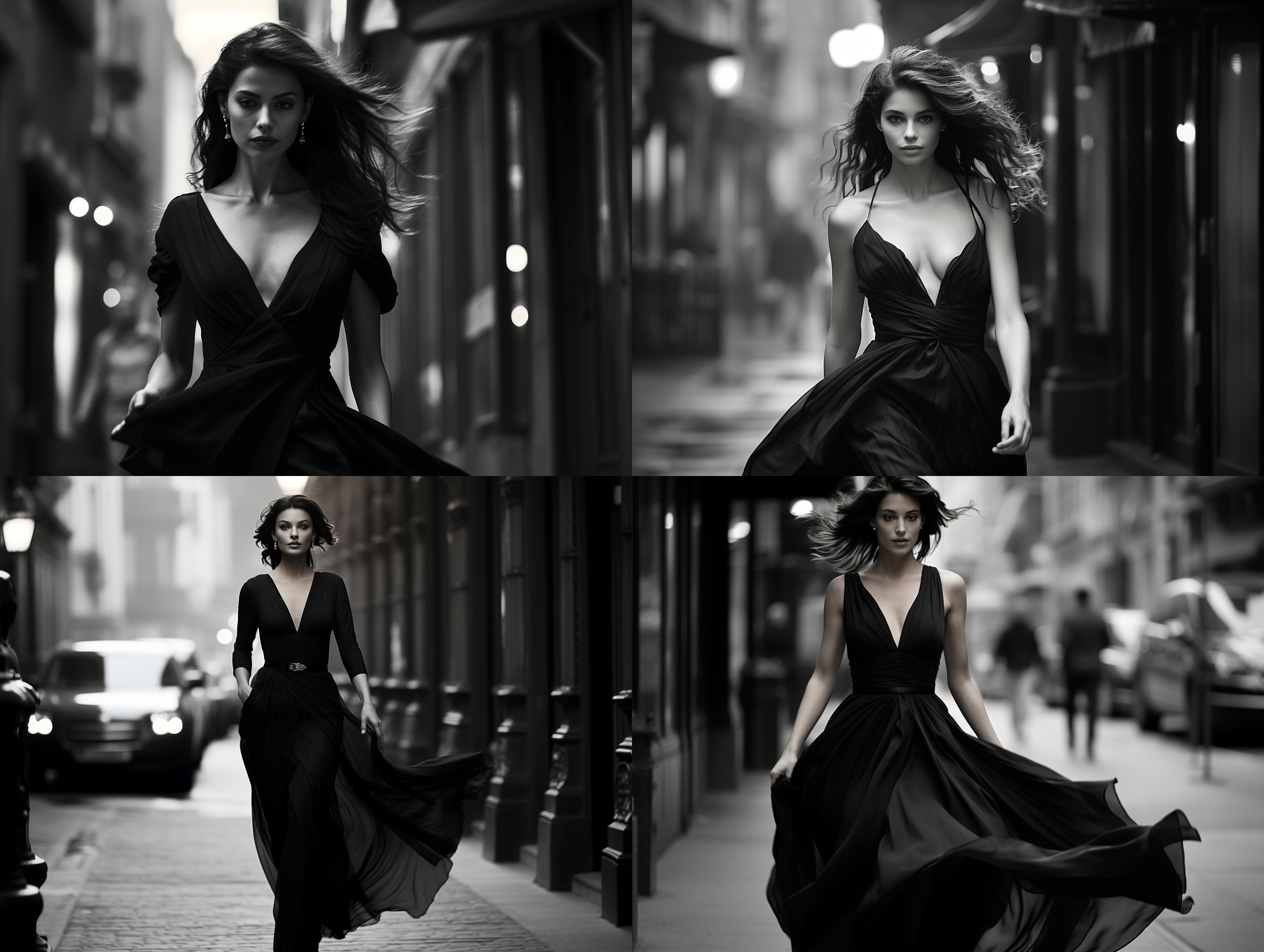 黑发中年美女，高级低胸礼服，都市街道，自信，优雅，细腻，透视感，强反差，动作流畅，职业成功，黑白色调，高级感，神秘感。