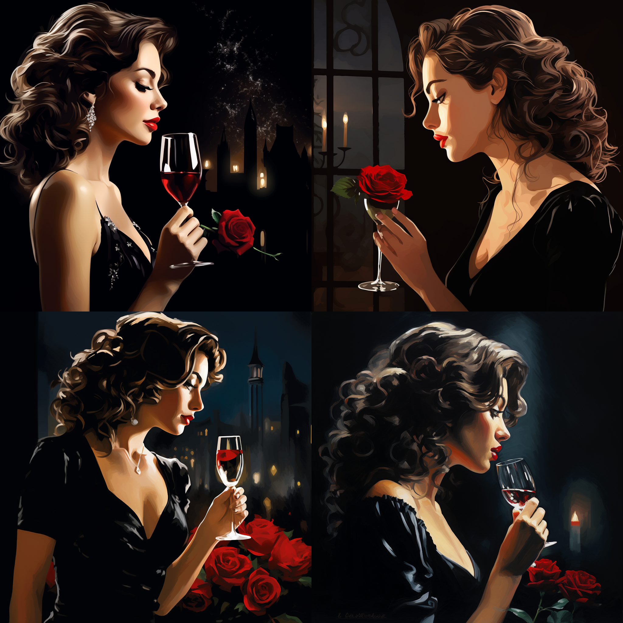 黑裙女子优雅侧影，波浪卷发轻拂，钻石耳环闪耀，红玫瑰轻握，酒杯半举，眼下泪痣点缀，红唇微启，神秘氛围，暗调背景，柔光渲染，长焦镜头，低角度，微距特写，优雅，神秘，浪漫，高贵，静谧，细腻，光影交错。