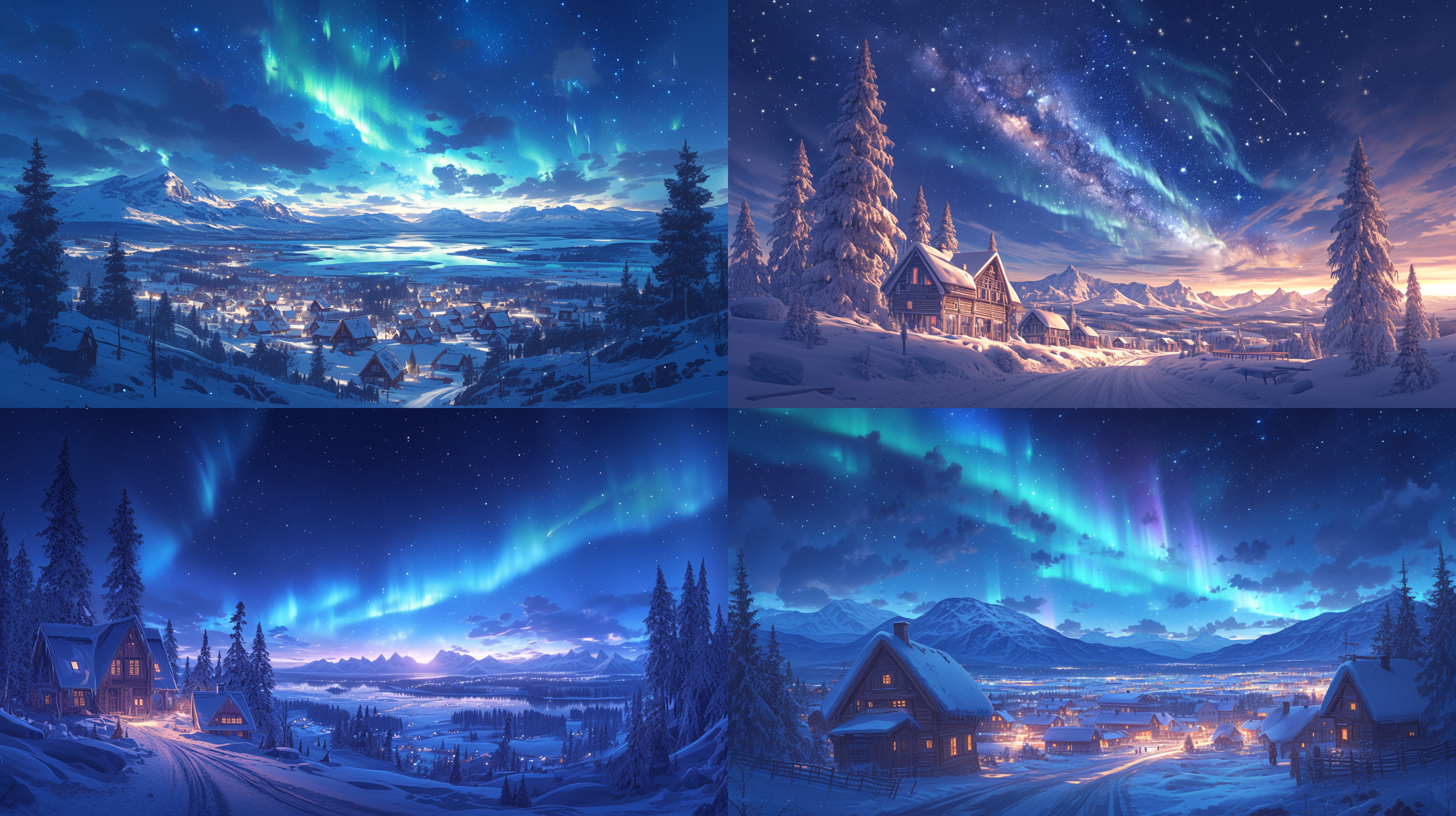 北半球冬夜极光，星空璀璨，星河漫天，绚丽星空，雪堆马路两侧，白雪覆盖房屋，雪挂树梢，远山白雪皑皑，神秘氛围，电影质感，4k分辨率，长曝光，广角镜头，冷暖对比，静谧，梦幻，细节丰富，逼真。 摄影纪实 虚幻引擎 雪山 银河 北极背景 全景 丁达尔效应