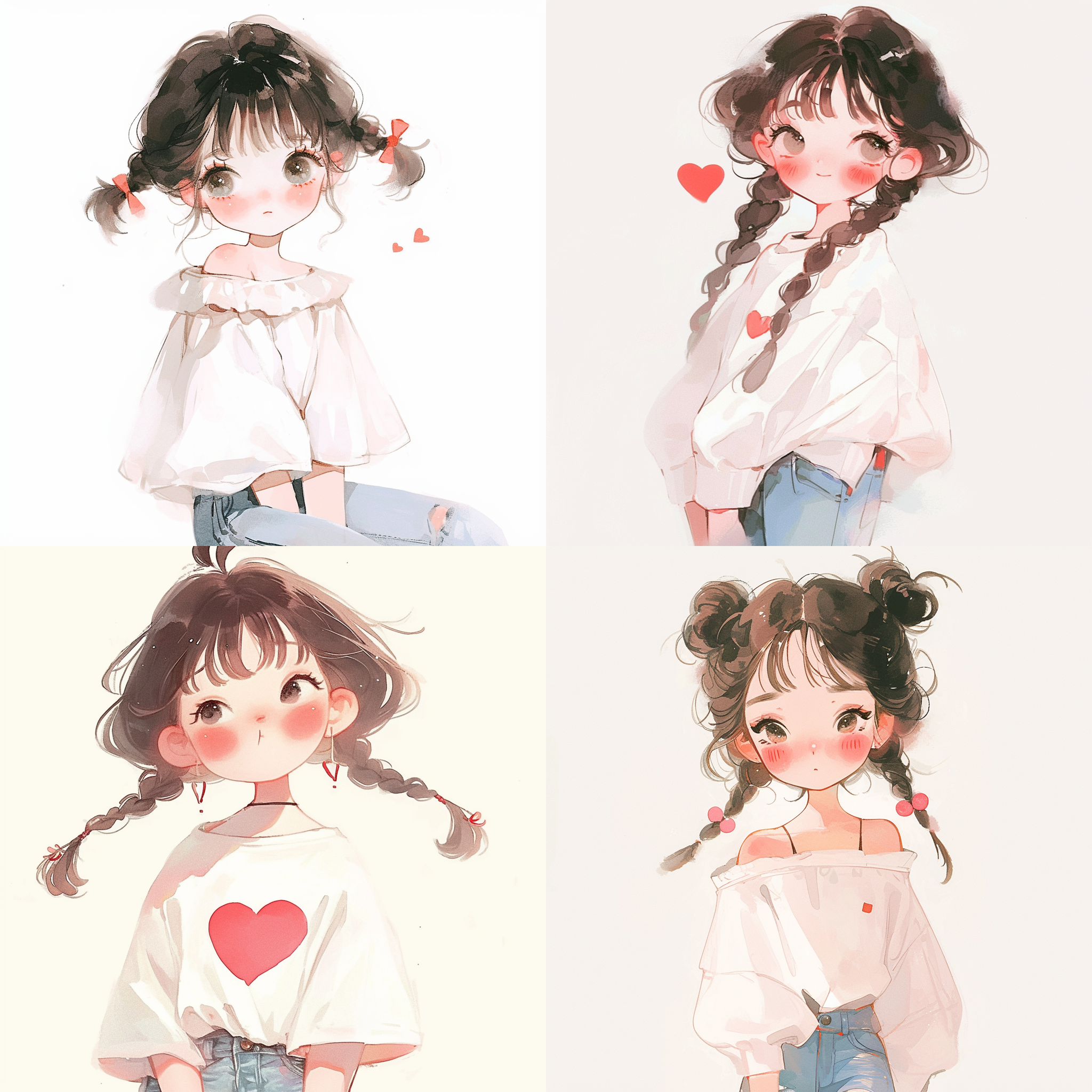 穿着白色衣服和牛仔裤的可爱女孩，麻花辫，看向一侧，有趣的面部表情，夸张的姿势，卡通插画，水彩画，白色背景，干净背景，4k