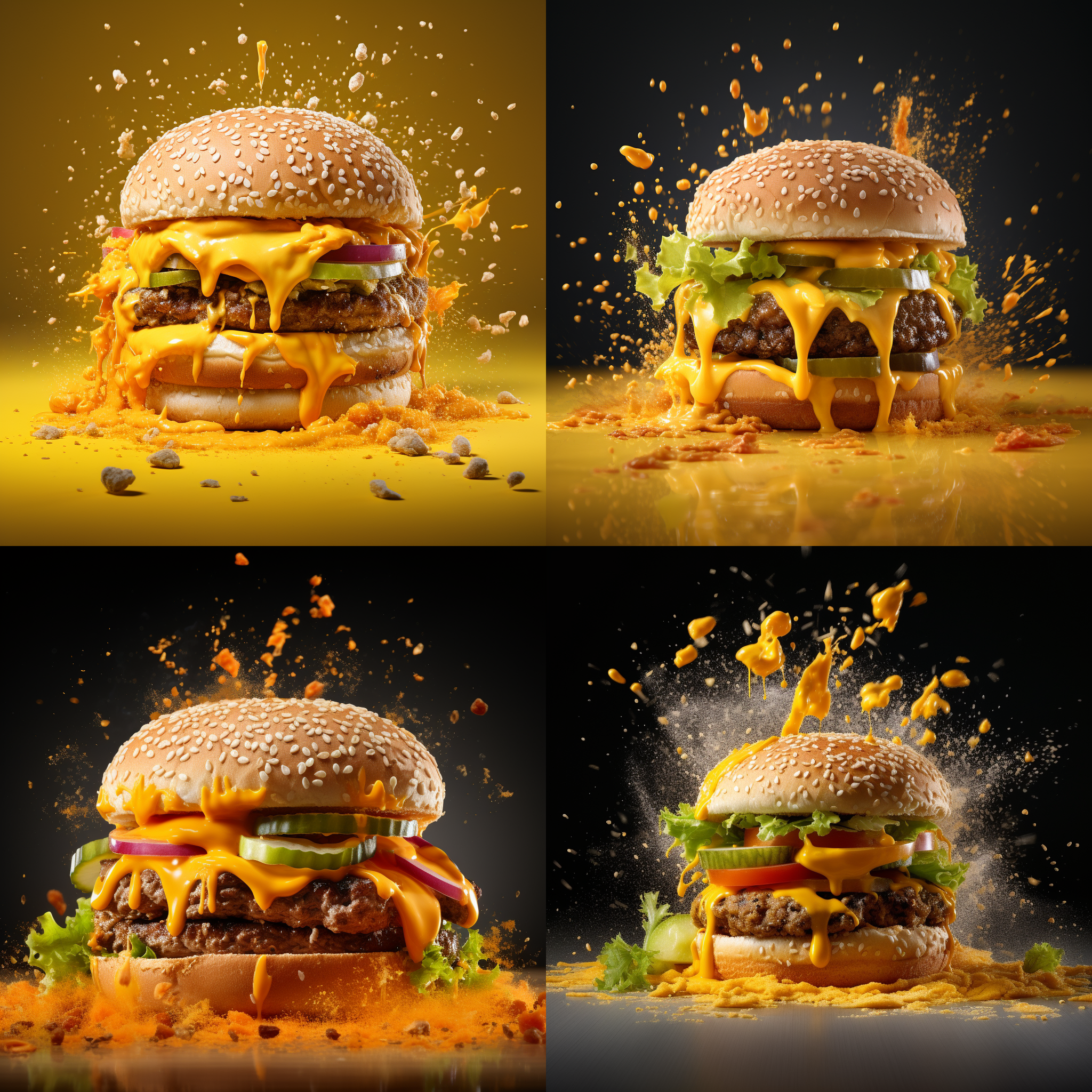 强大黄色粉末爆炸中的商业摄影，展示了一款汉堡的完美构图。背景纯白，环境明亮。利用专业的oc渲染技术，呈现出超级细节和色彩分级效果。使用广角镜头，将汉堡置于纯色孤立平台上，突出主题。白色照明和工作室照明营造出清晰明亮的效果。