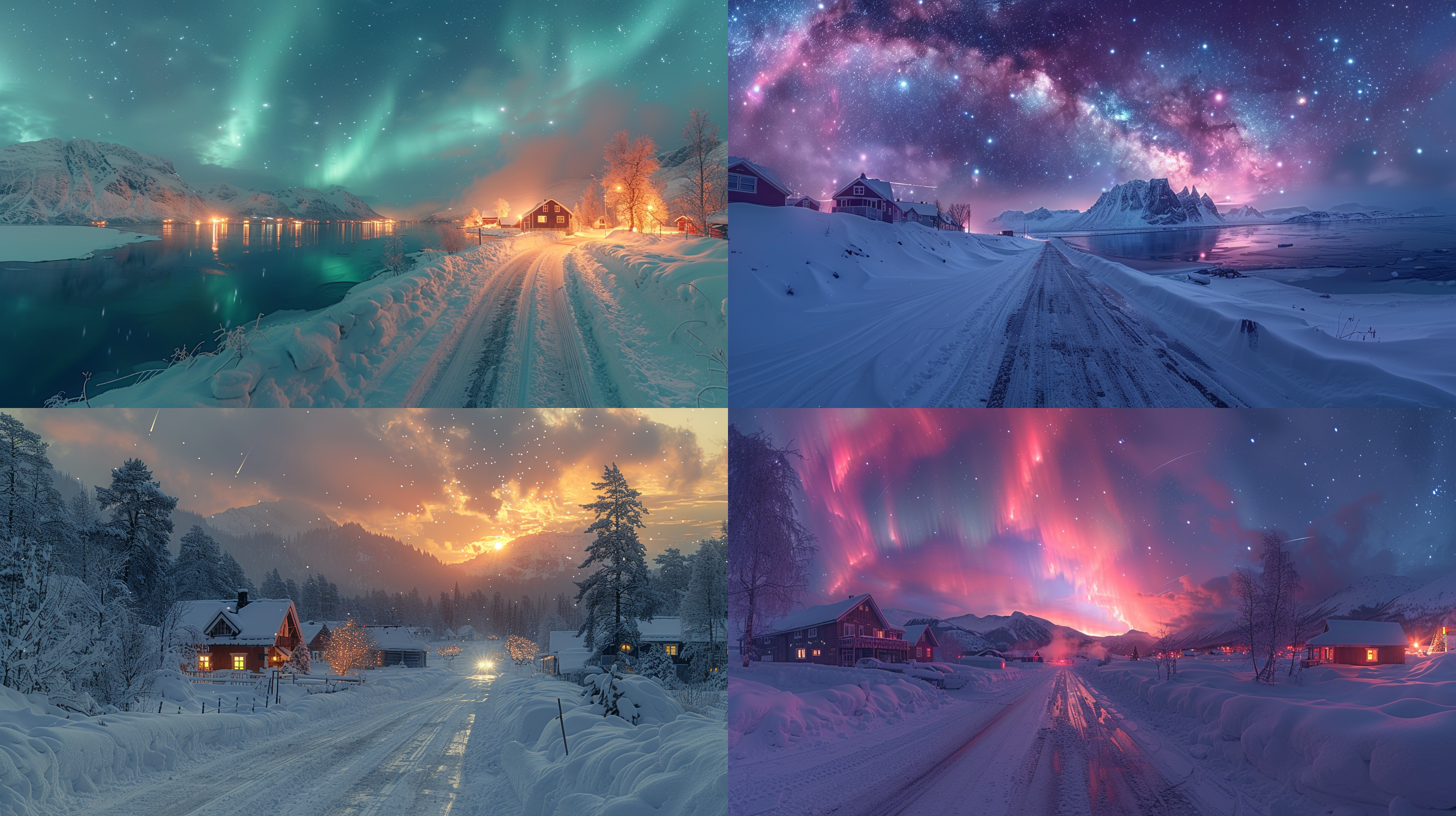 北半球冬夜极光，星空璀璨，星河漫天，绚丽星空，流星划过，雪堆马路两侧，白雪覆盖房屋，雪挂树梢，远山白雪皑皑，神秘氛围，电影质感，4k分辨率，广角镜头，静谧，梦幻，细节丰富，冷暖色调对比，长曝光，星空轨迹，极光舞动，宁静夜晚，自然奇观。 摄影纪实 雪山 银河 北极背景 全景 丁达尔效应