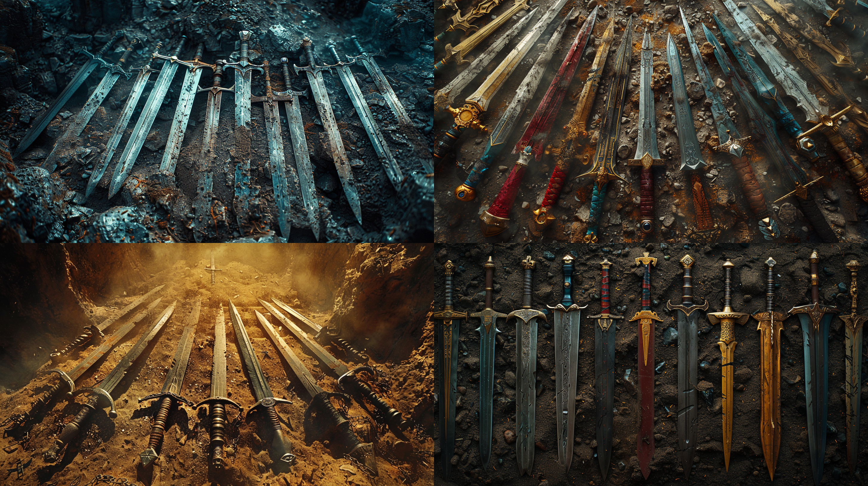 俯视图，几十把宝剑插在一个土坡上，长柄刀剑呼之欲出，透视感，视觉冲击力强，色彩简洁