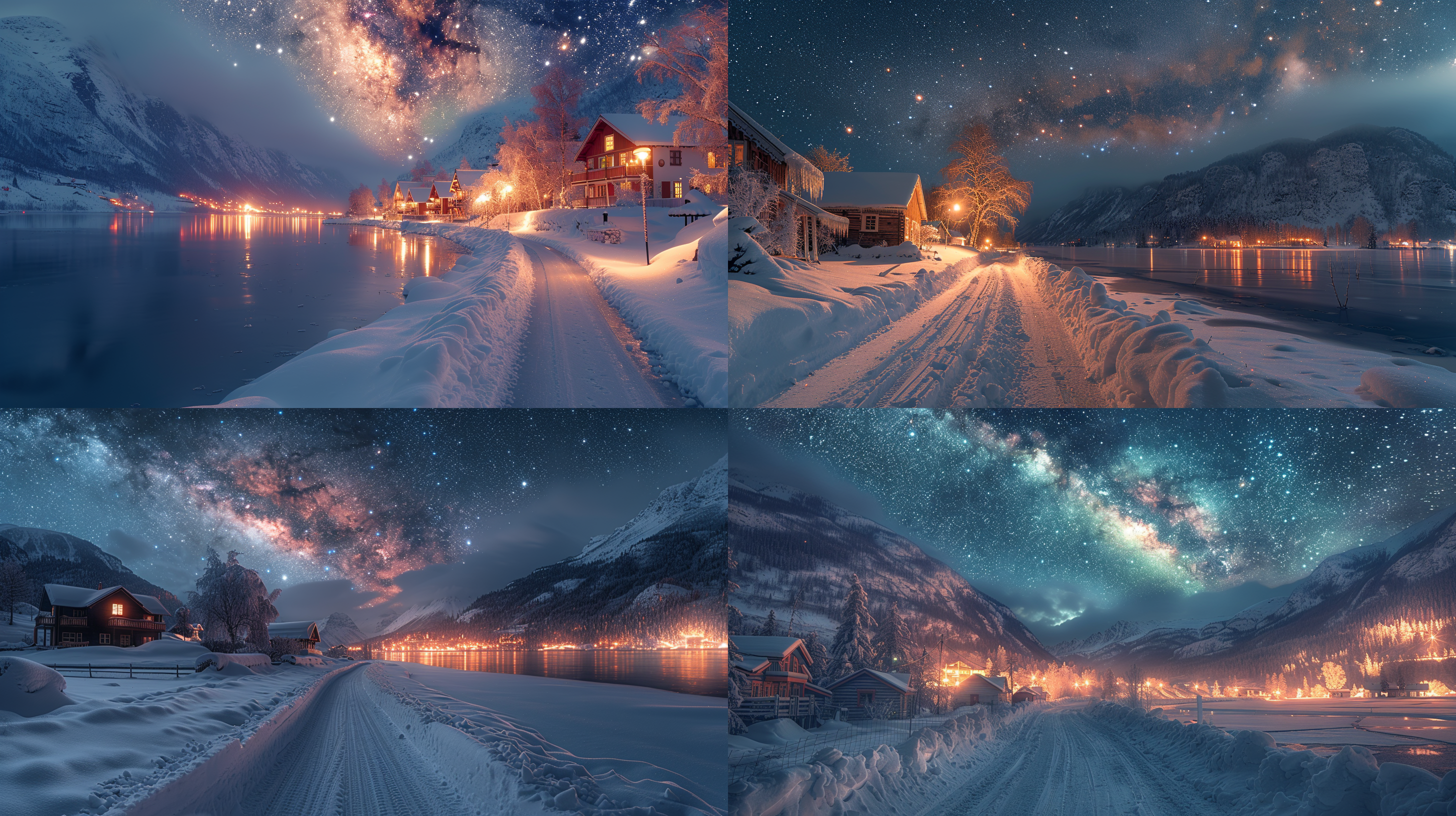 北半球冬夜极光，星空璀璨，星河漫天，绚丽星空，雪堆马路两侧，白雪覆盖房屋，雪挂树梢，远山白雪皑皑，神秘氛围，电影质感，4k分辨率，长曝光，广角镜头，冷暖对比，静谧，梦幻。 摄影纪实 天空 雪山 北极背景 银河 全景