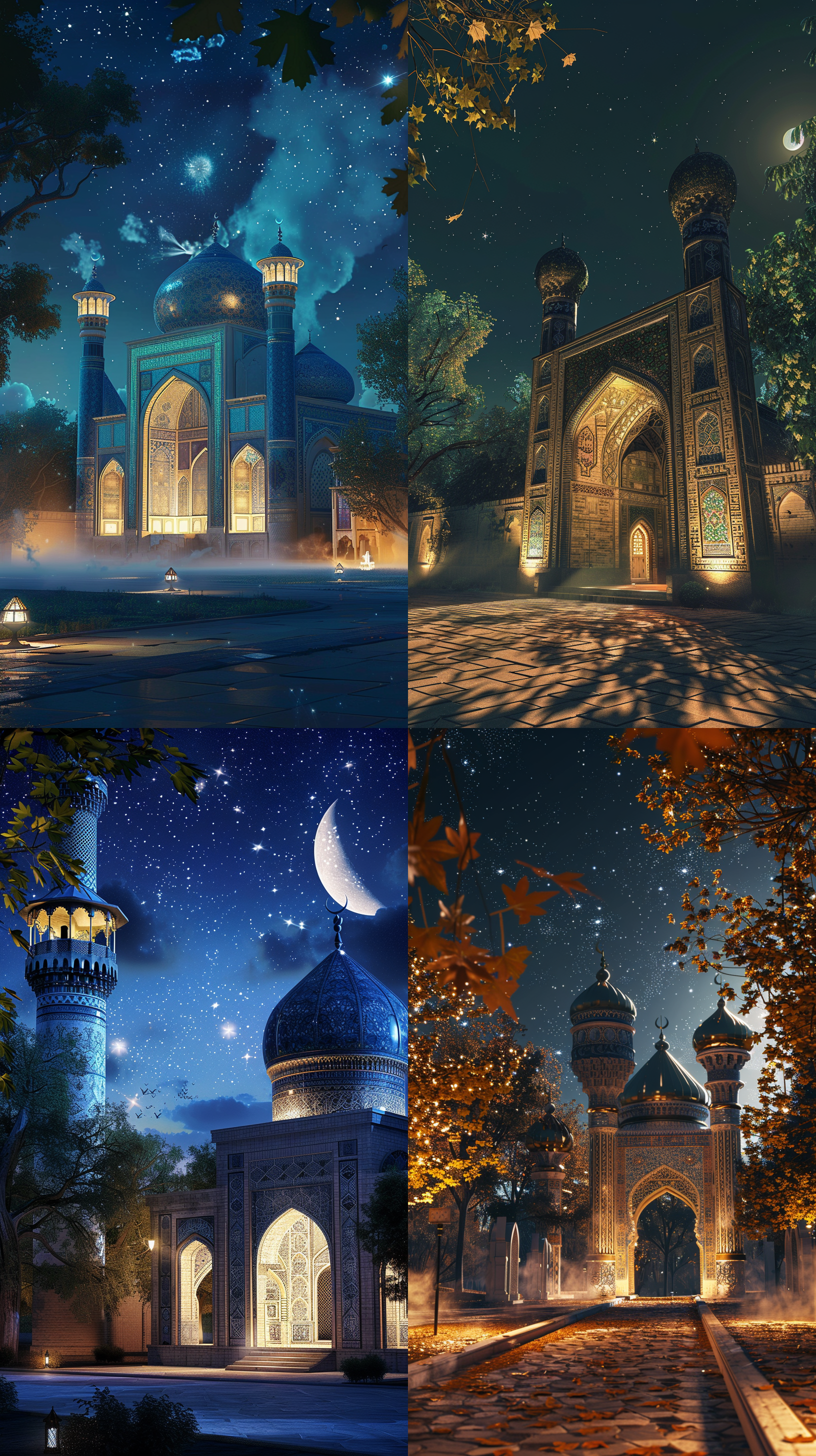 东方玻璃清真寺，亭台楼阁，中亚风格檐口，璀璨内景，绿意盎然森林中。布哈拉古城幻境，巴尔喀什湖南岸小镇，古建筑环绕，夜幕下星光璀璨，烟雾缭绕，枫叶树影，月光洒落，超高清渲染，梦幻cg风格，细节丰富，冷暖色调交织，神秘宁静。