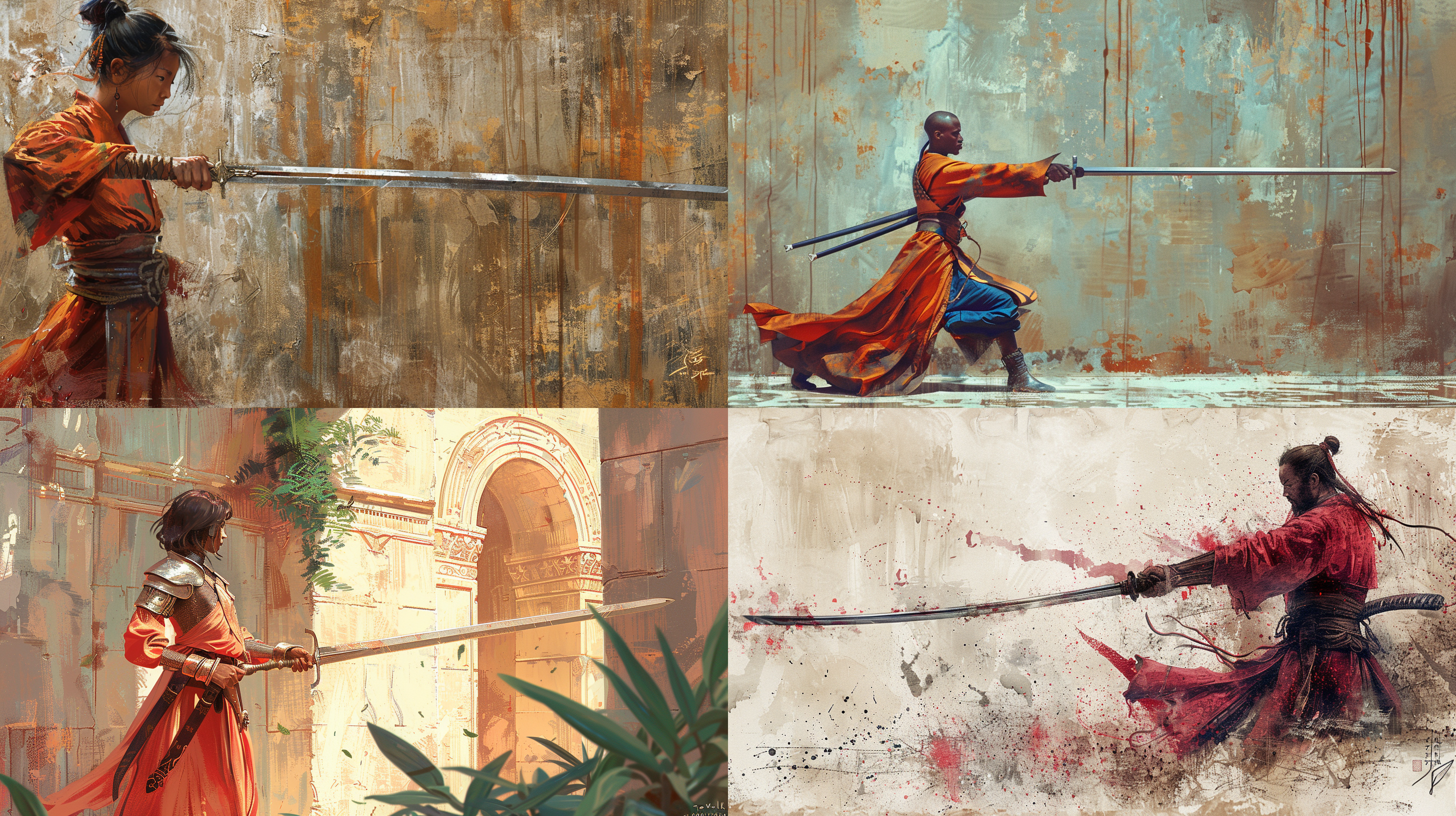 长柄刀剑呼之欲出，透视感，视觉冲击力强，色彩简洁