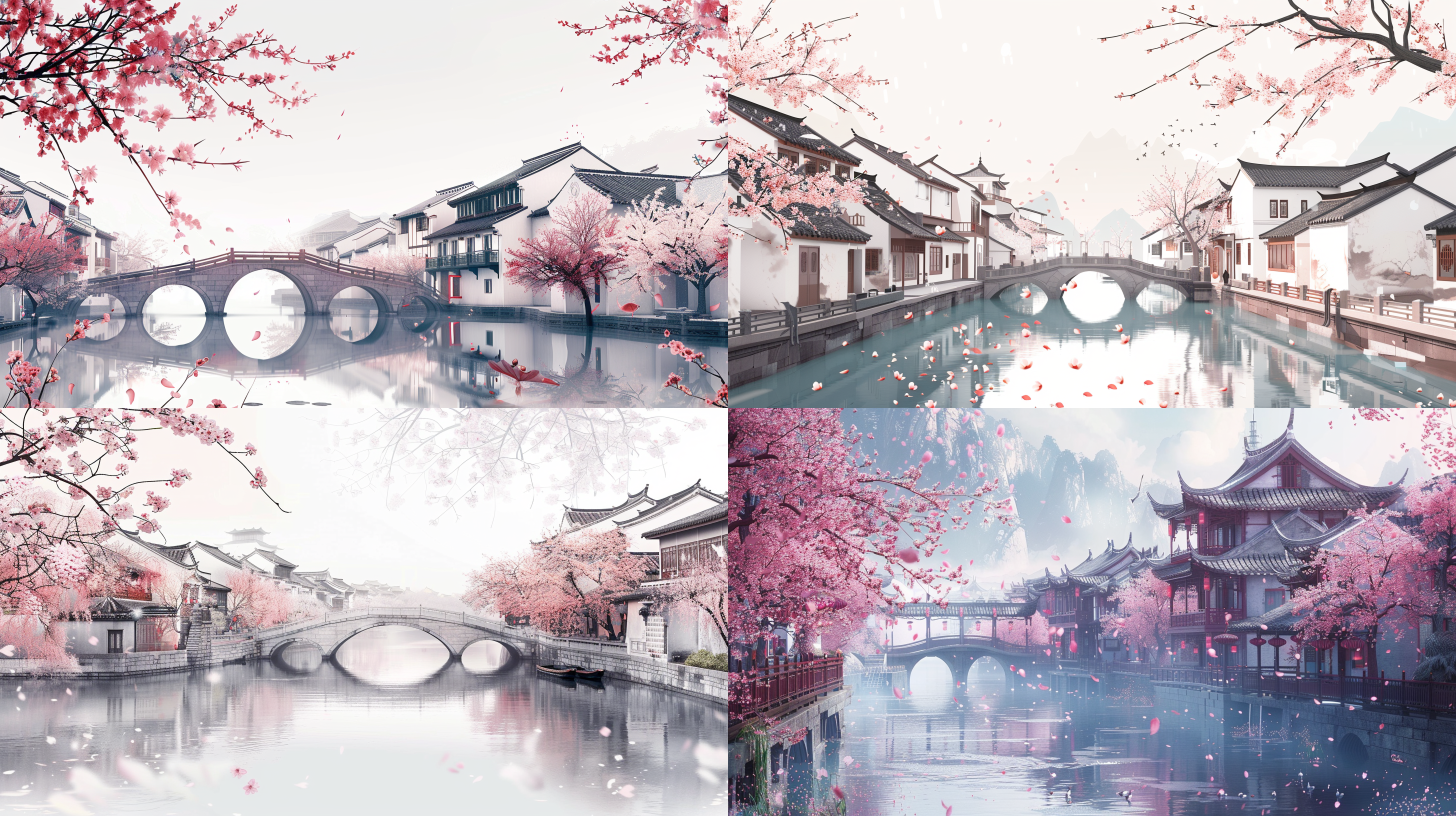 jiangnan water town, small bridges and flowing water, cherry blossom pink buildings, jiangnan style, poster art, thick lines, smooth lines, classical theme, ink painting, fine lifelike style, fine character design, white background, bright colors, symmetrical composition, rich details, ethnic elements, modernity, 3d design, visual impact.hd wallpapers,3d design, visual impact.hd wallpapers