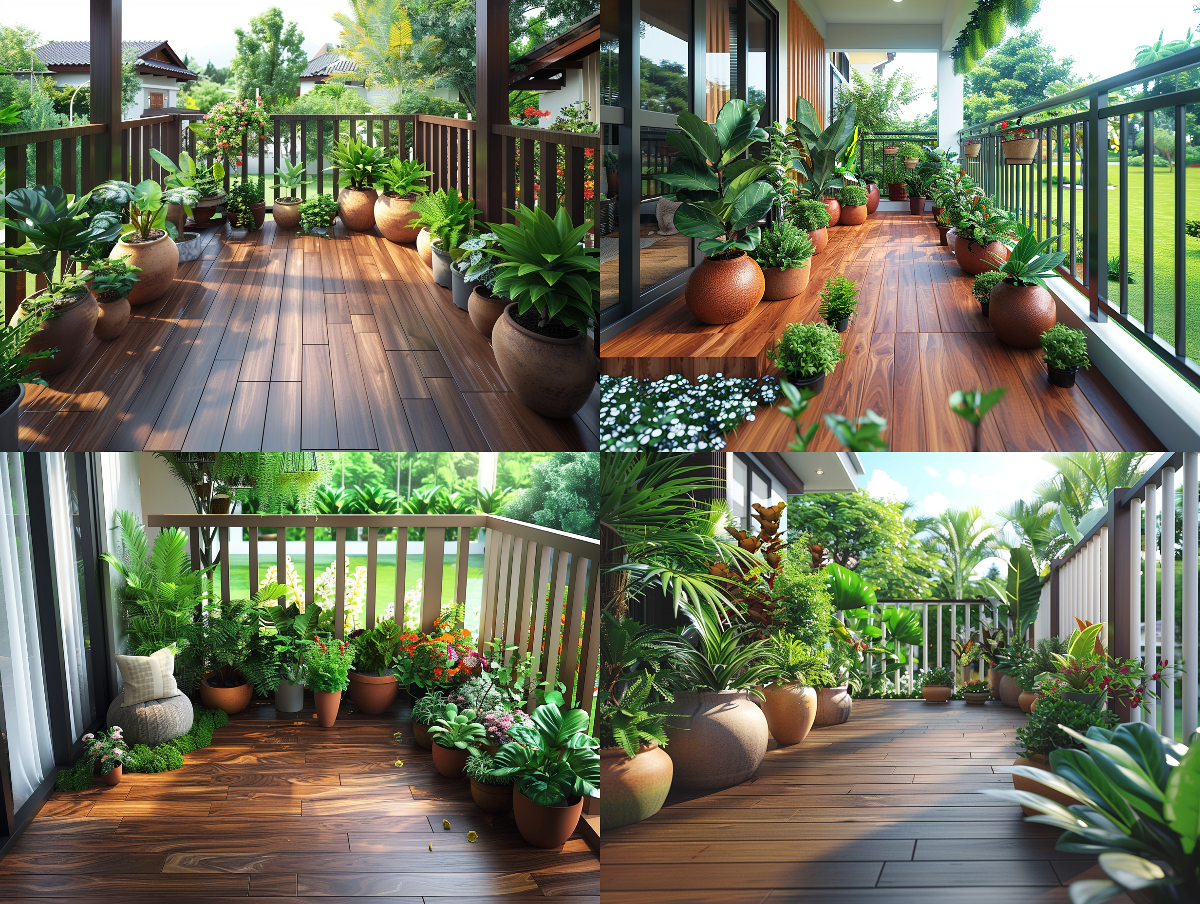一个木质地板的阳台，上面摆满了各种盆栽植物。阳台的栏杆是白色的，水平排列，可以清晰地看到外面的绿色植被。植物包括蕨类、灌木和一些大叶绿植，给人一种热带风情的感觉。花盆主要是圆形的陶土制品，大小不一，以适应不同的植物。白色木质地板经过抛光处理，木板横向铺设在阳台上。阳台外面是一片明亮的绿色草地或草坪，与深色的木地板形成了鲜明的对比 粉彩色室内