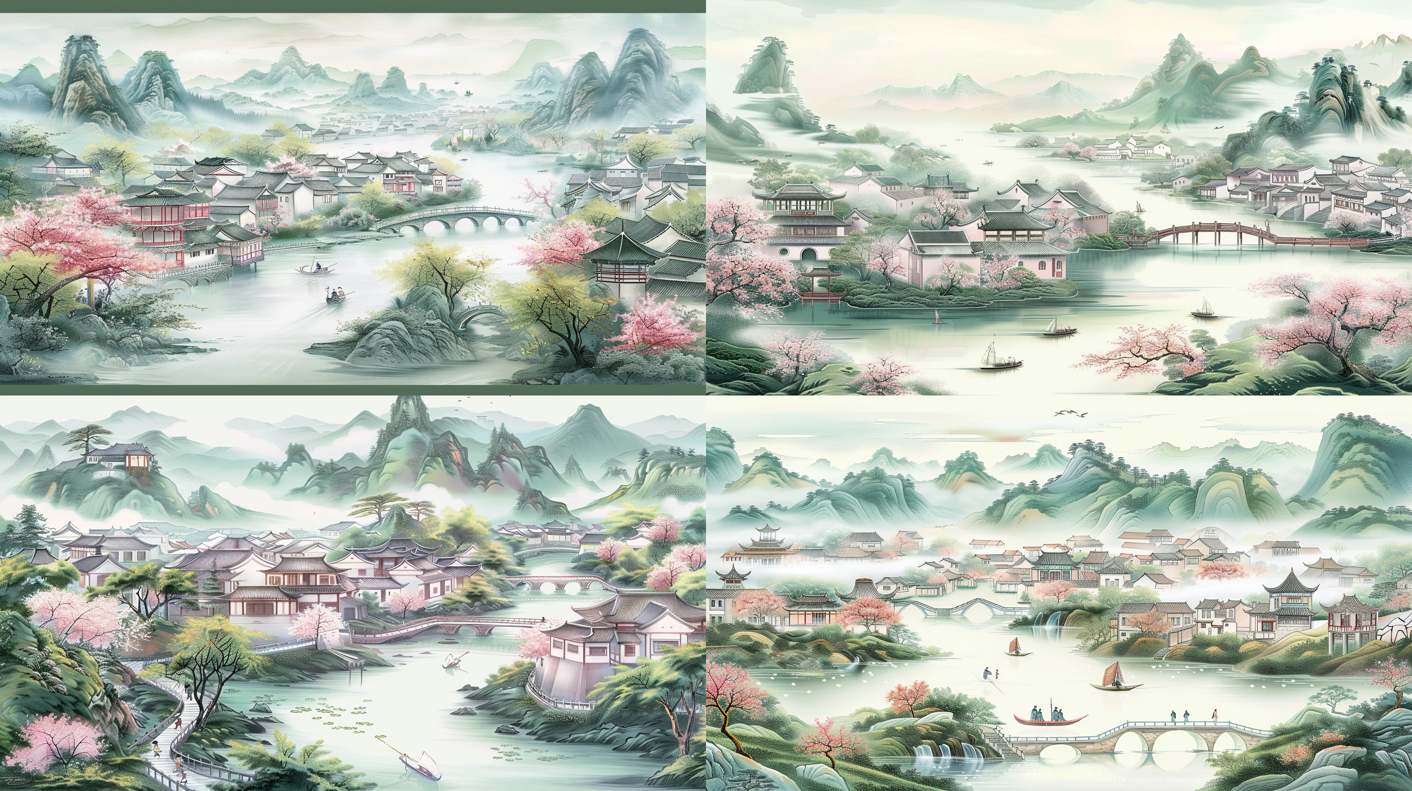 jiangnan water town, small bridges and flowing water, cherry blossom pink buildings, jiangnan style, poster art, thick lines, smooth lines, classical theme, ink painting, fine lifelike style, fine character design, white background, bright colors, symmetrical composition, rich details, ethnic elements, modernity, 3d design, visual impact.hd wallpapers,3d design, visual impact.hd wallpapers
