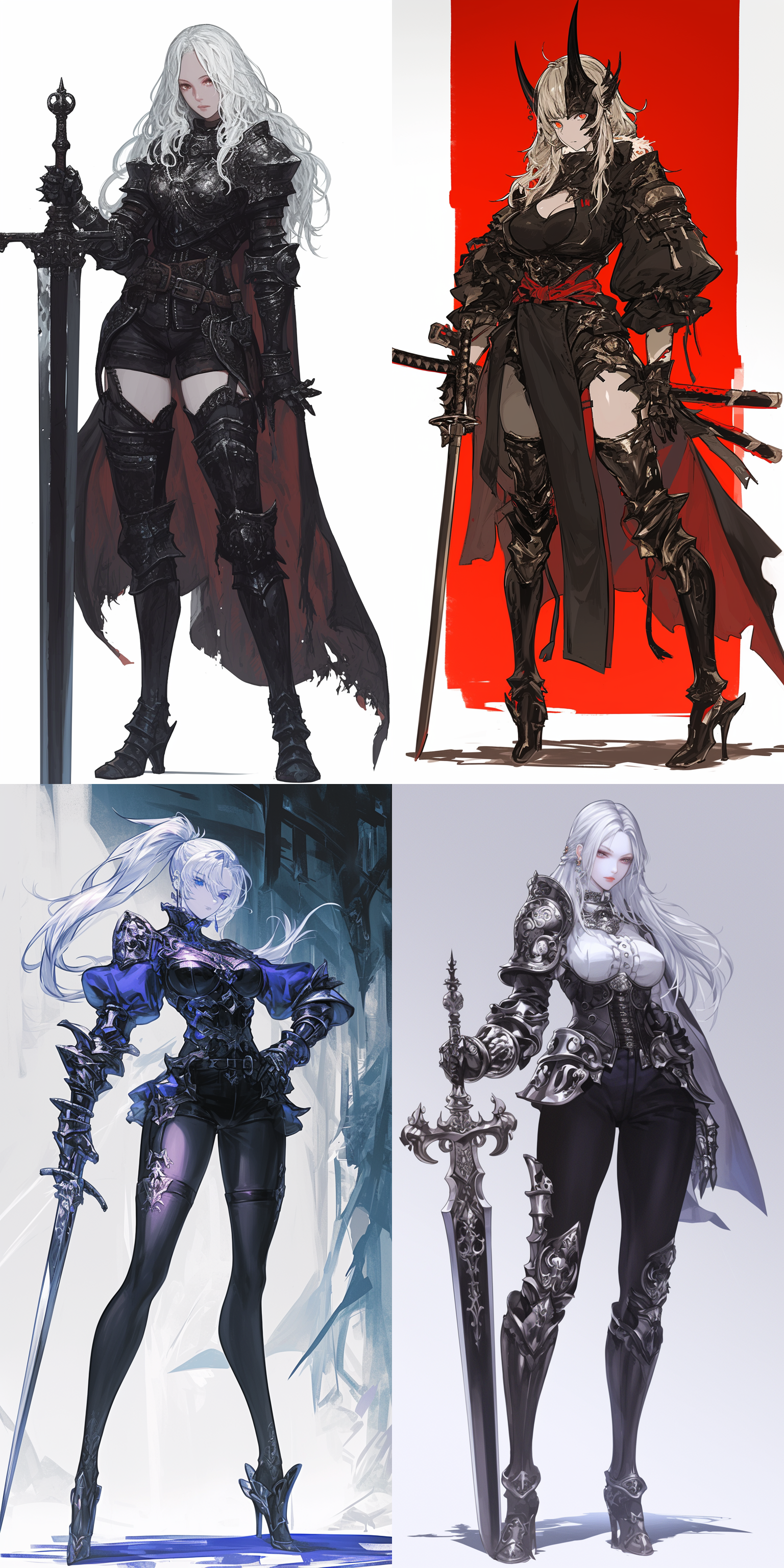 黑色紧凑整齐装甲的女战士::2，手持巨剑，白色直长发整齐笔直，整齐的齐刘海，红色瞳孔，皮肤白皙，面无表情，身材纤细精壮，肌肉线条明晰 ，大boss,高光，二次元漫画化风，