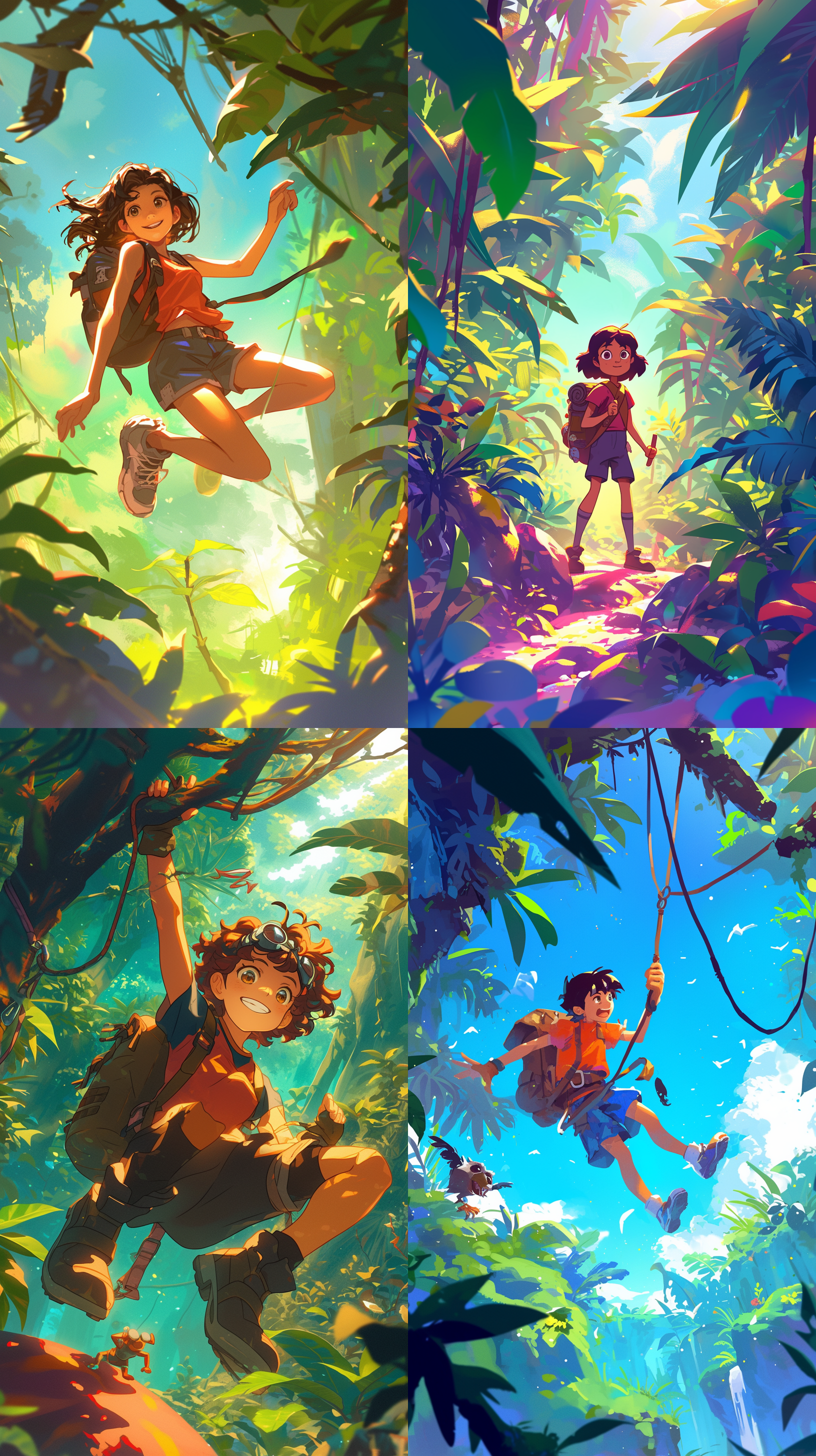 捣蛋鬼朵拉探险，丛林深处，动态捕捉，鲜艳色彩，广角镜头，自然光，冒险装备，好奇表情，跳跃动作，神秘氛围，勇敢精神。